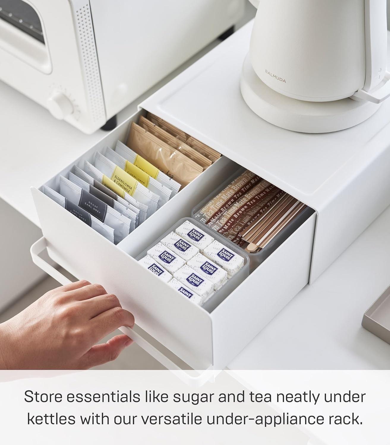 Yamazaki 2018 Kitchen Appliance Rack with Drawers, White, Approx. W 8.7 X D 10.8 X H 4.5 Inches (22.2 X 27.5 X 11.5 Cm) (Including Handles), Tower Slide Shelf, Storage for Small Items, Tea Pack Storage image number 6