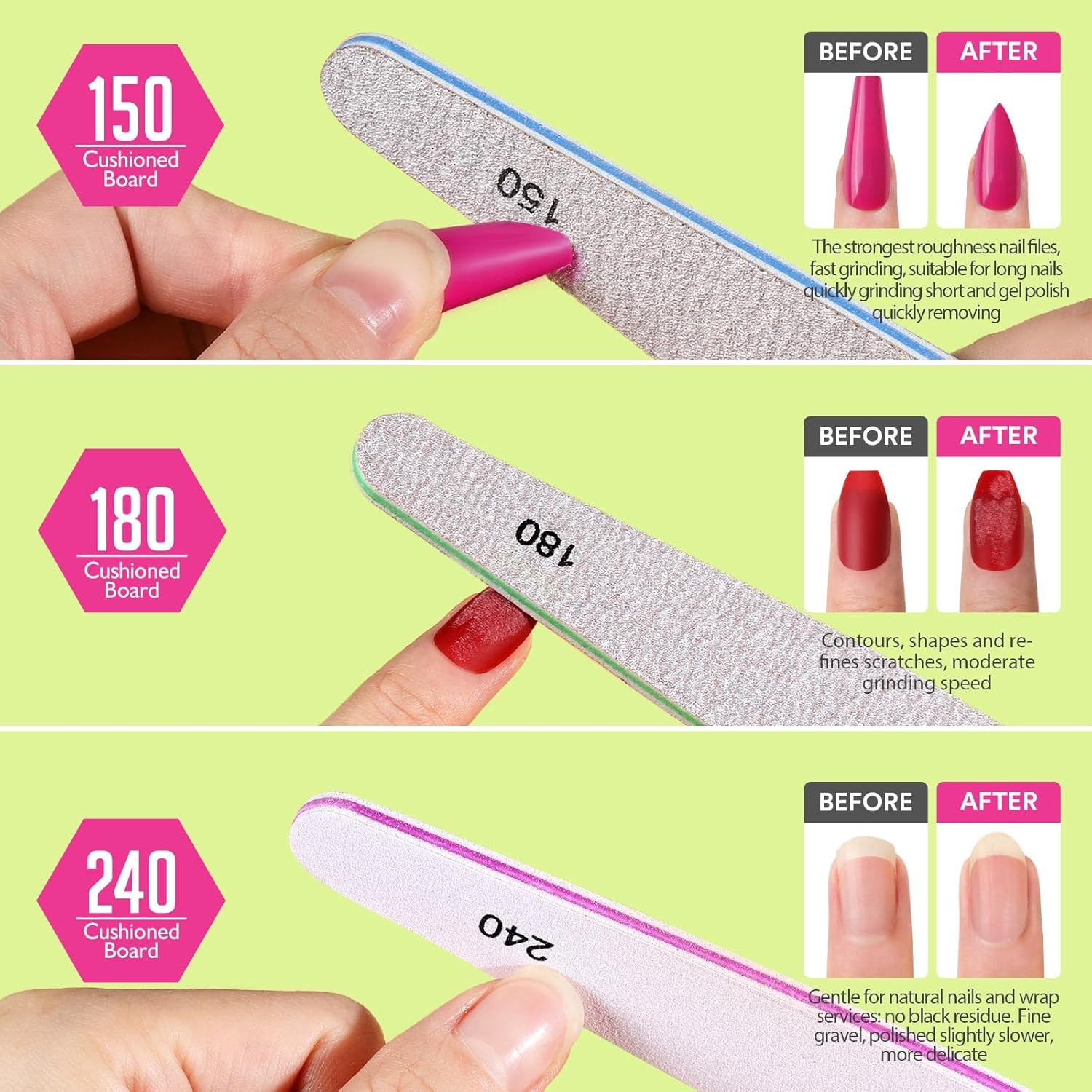 Teenitor Nail Buffer Blocks, 12Pcs Nail Files for Acrylic and Gel Nails, Emery Boards for Nails 100/180 Grit Nail File Set for Natural Nails