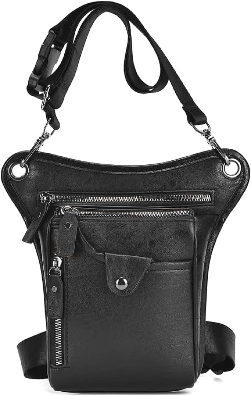 Vintage Leather Waist Pack Drop Leg Bag for Men Belt Hip Bum Bag (Black, 15 * 4 * 23Cm) image number 4