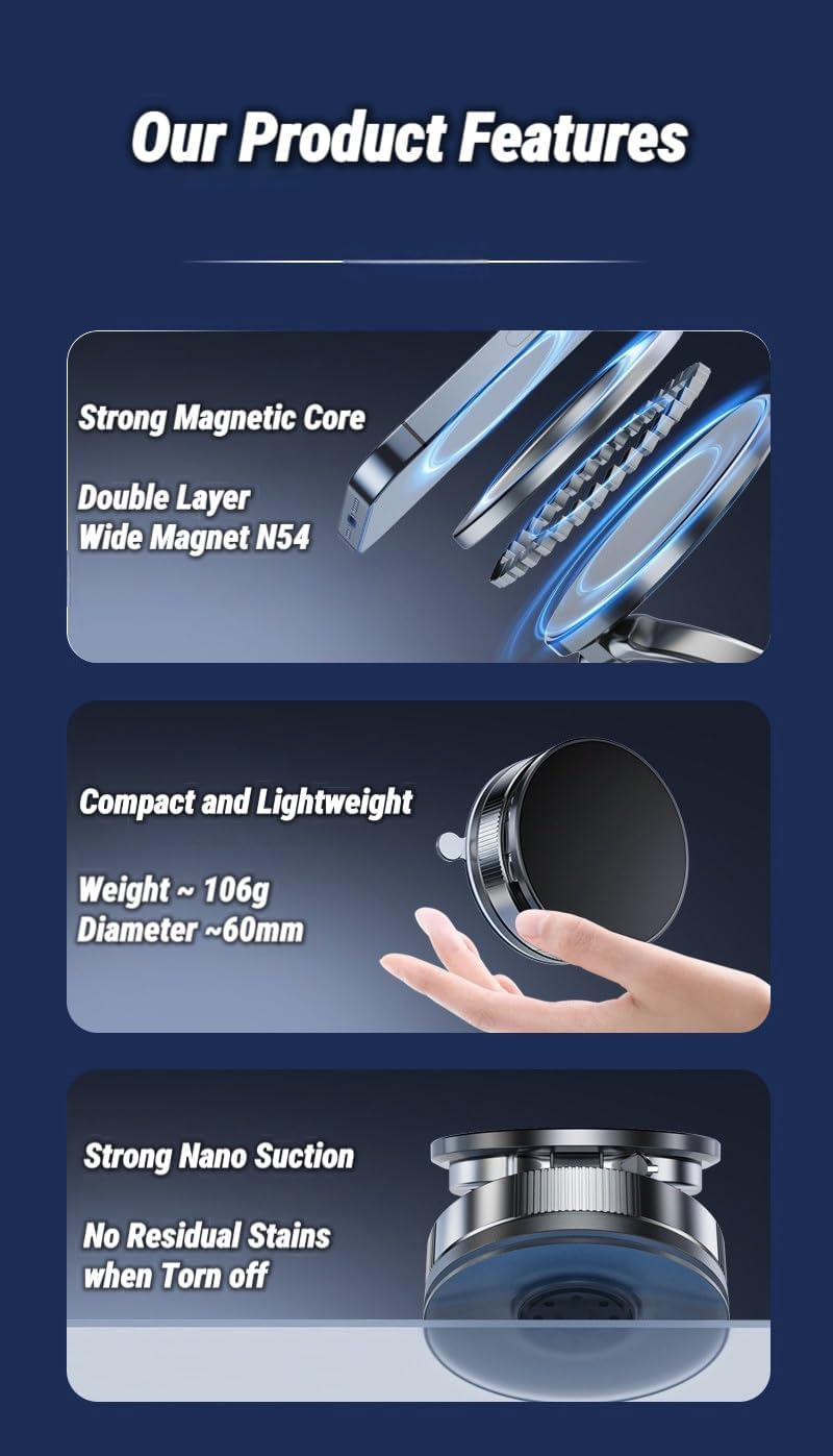 [2025 Upgraded] Mernard Magnetic Phone Holder Mount with Vacuum Suction Base, 360&deg; Rotatable & Foldable Car Phone Mount for Dashboard/Windscreen/Desk