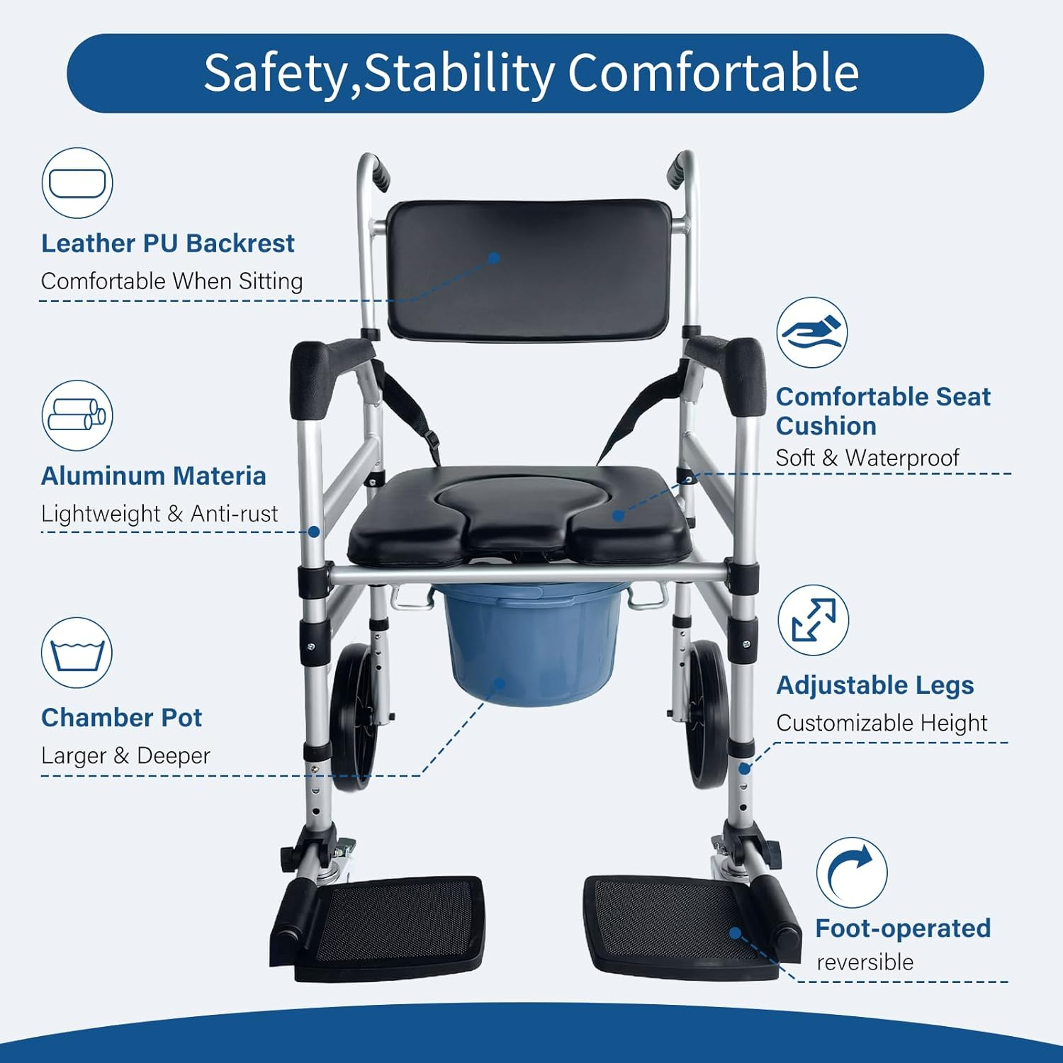 Rolling Shower Chair with Wheels for Elderly and Disabled, Foldable Wheelchair Lightweight Folding, Bedside Commode Chair with Arms for Toilet, Raised Toilet Seat Raiser with Handle for Senior image number 1