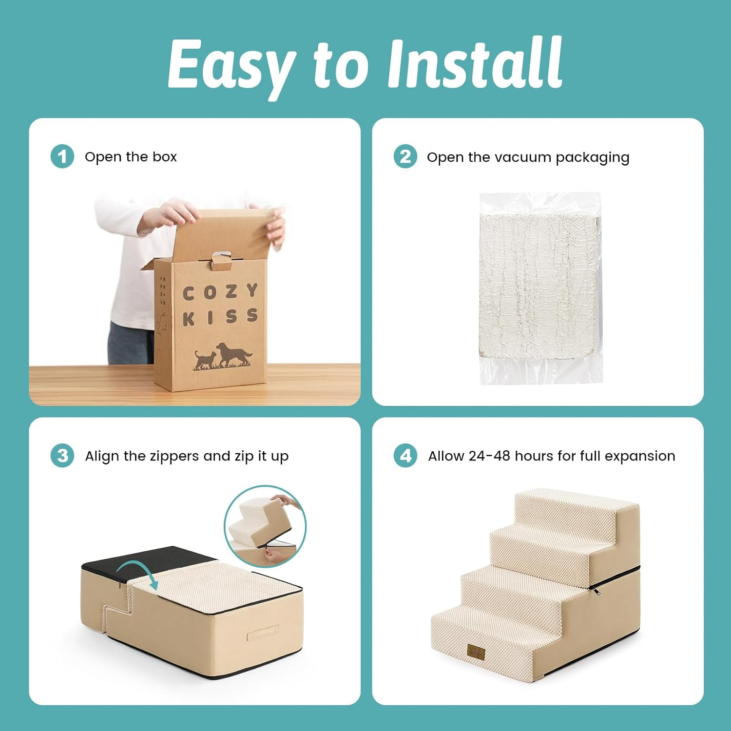 Cozy KISS 4 Tier Removable Pet Stairs, 15.7X23.6X17.7 Inch, Beige