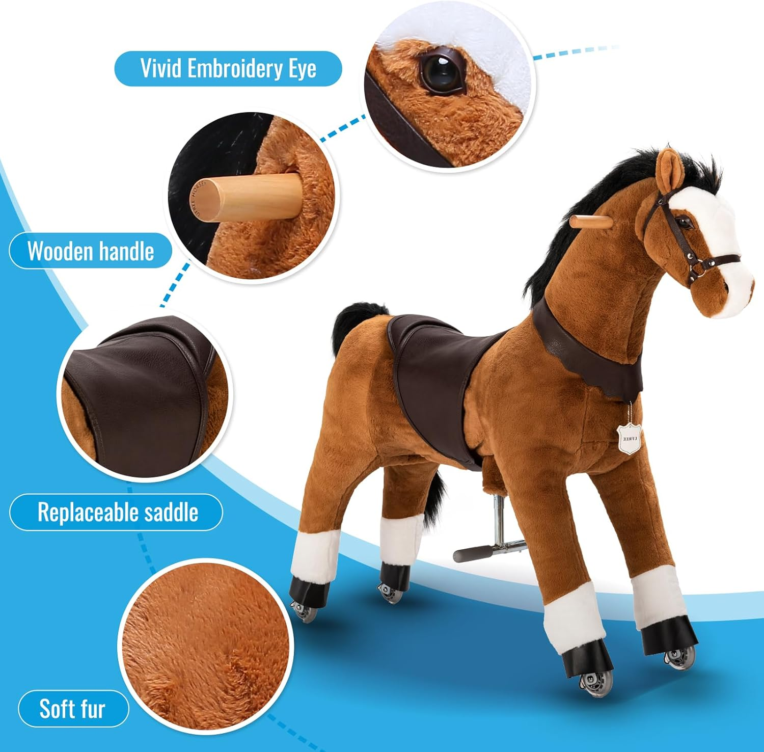 UFREE Ride on Horse, Horse Ride on Toy, Mechanical Horse, Plush Animal, Black Mane and Tail, Age 4-9 image number 2
