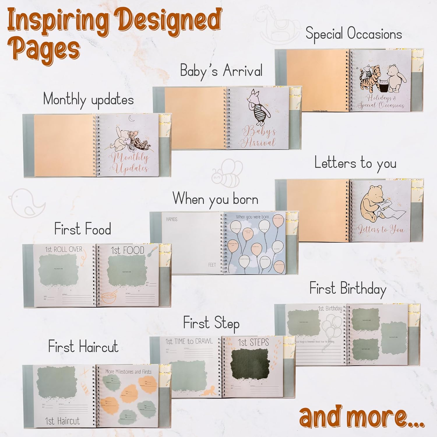 Baby Book Keepsake | Memory Book (9.5"X8.5") | Hardcover Album with Enclosed Spiral Binding | Photo Albums with Pooh Graphics & Milestone Cards | Scrapbook Album