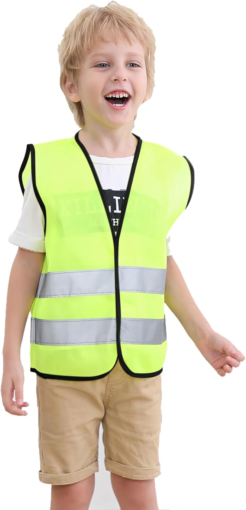 TOPTIE 10 Pack Kids Safety Reflective Vests, High Vis Construction Vest with Elastic Waistband - Neongreen1 image number 4
