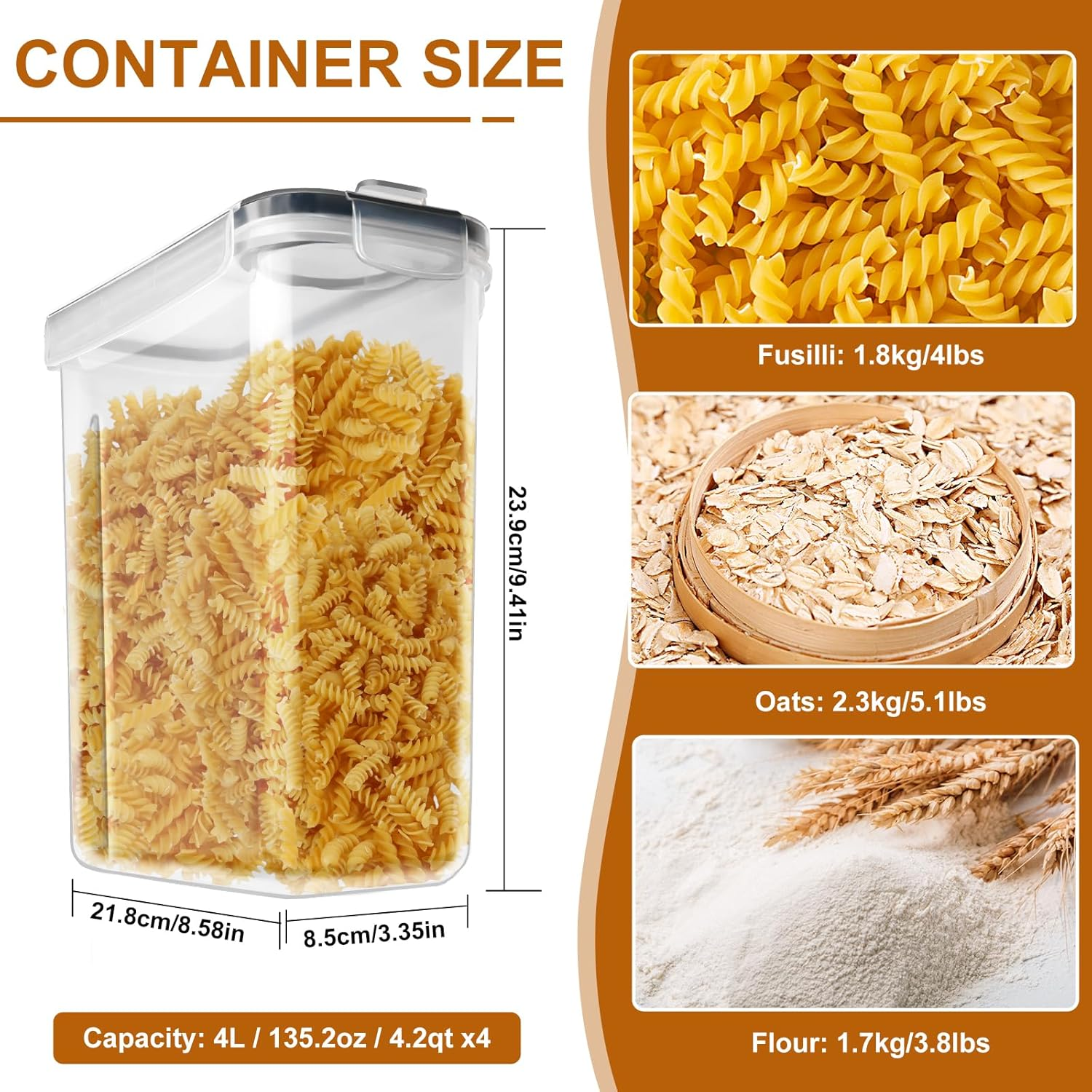 Sydroya Cereal Containers Storage Set (4L/135.2Oz), 4PCS Airtight Food Storage Containers with Lids, Cereal Dispensers with Pour Spout for Kitchen & Pantry Organisation and Storage image number 2