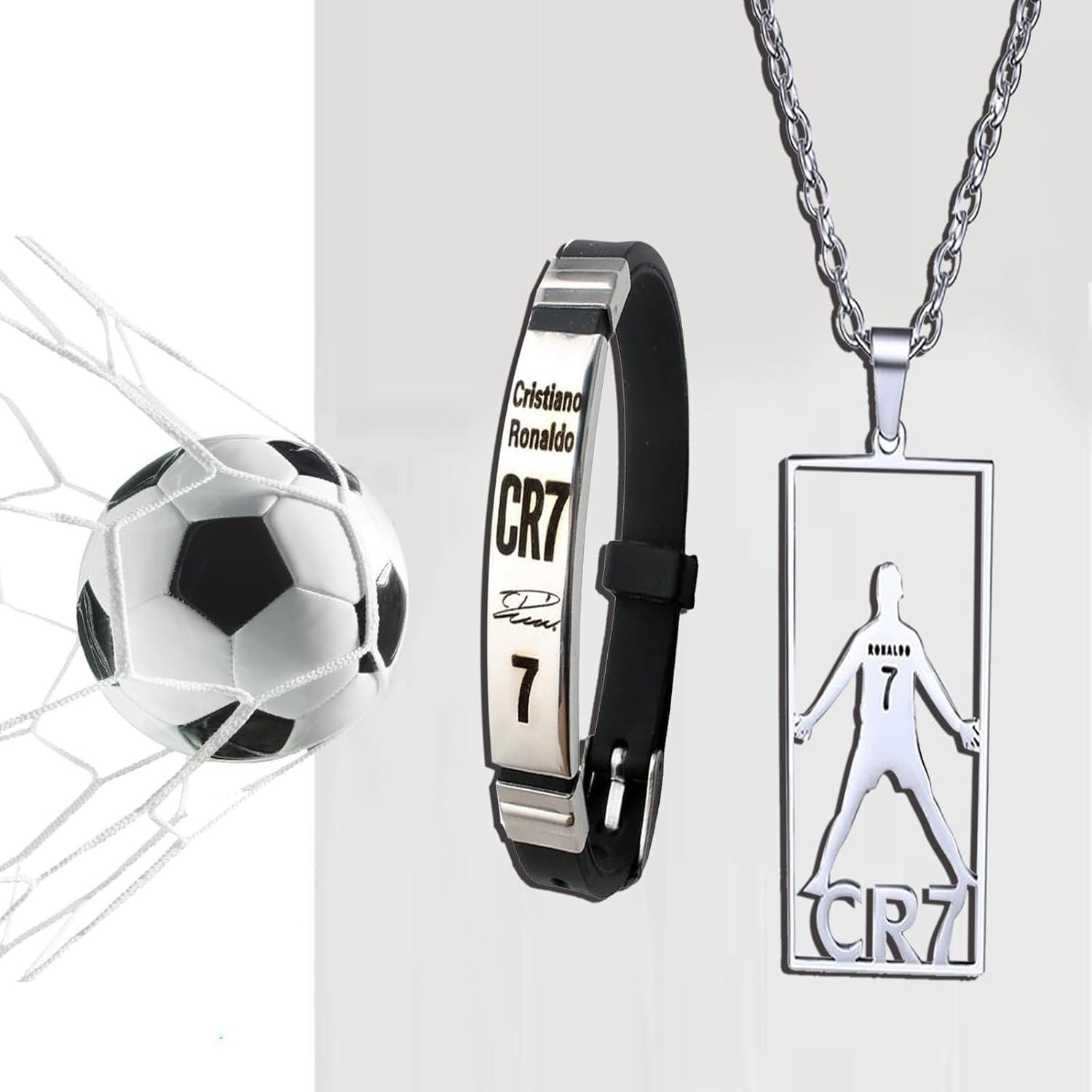 TOOGABBIE Football Star Bracelet Pendant Necklace Set, Adjustable Stainless Steel Necklace Silicone Football Bracelet for Men, Champions League Jewelry Football Fans image number 2