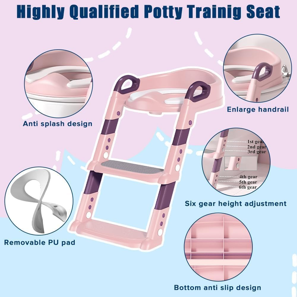 Yakiter Potty Training Seats, Kids Toilet Training Seat with Step Stool, Adjustable Height Ladder Guard Handle Soft Cushion White, Step Stool 2 in 1 Foldable Chair for Baby Toddler Boys Girls (Pink) image number 6