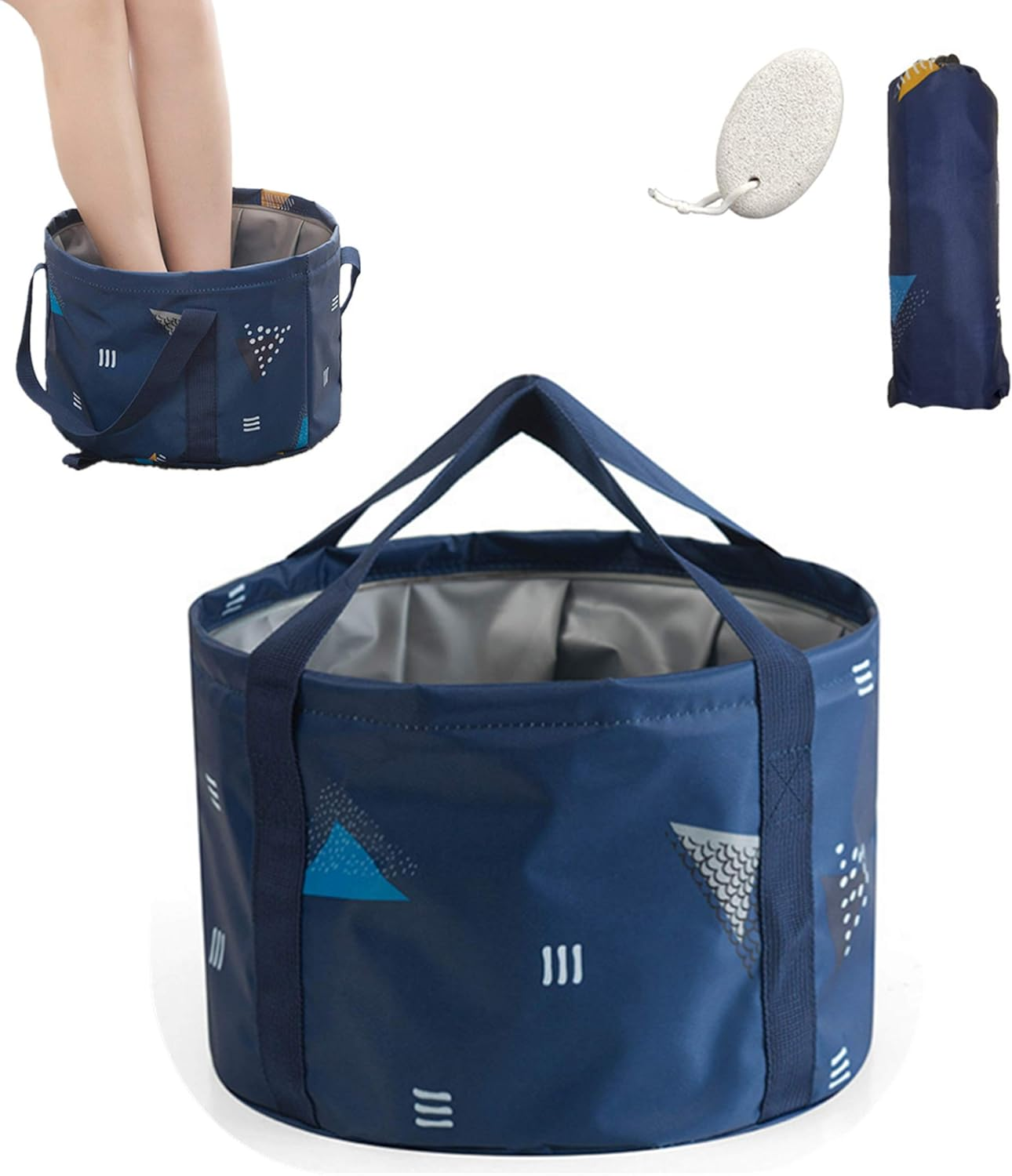 Collapsible Foot Spa Basin Water Bucket, Portable Travel Camping Foot Bath Tub for Soaking Feet (24L (811 Ounce), Dark Blue with Pumice Stone)