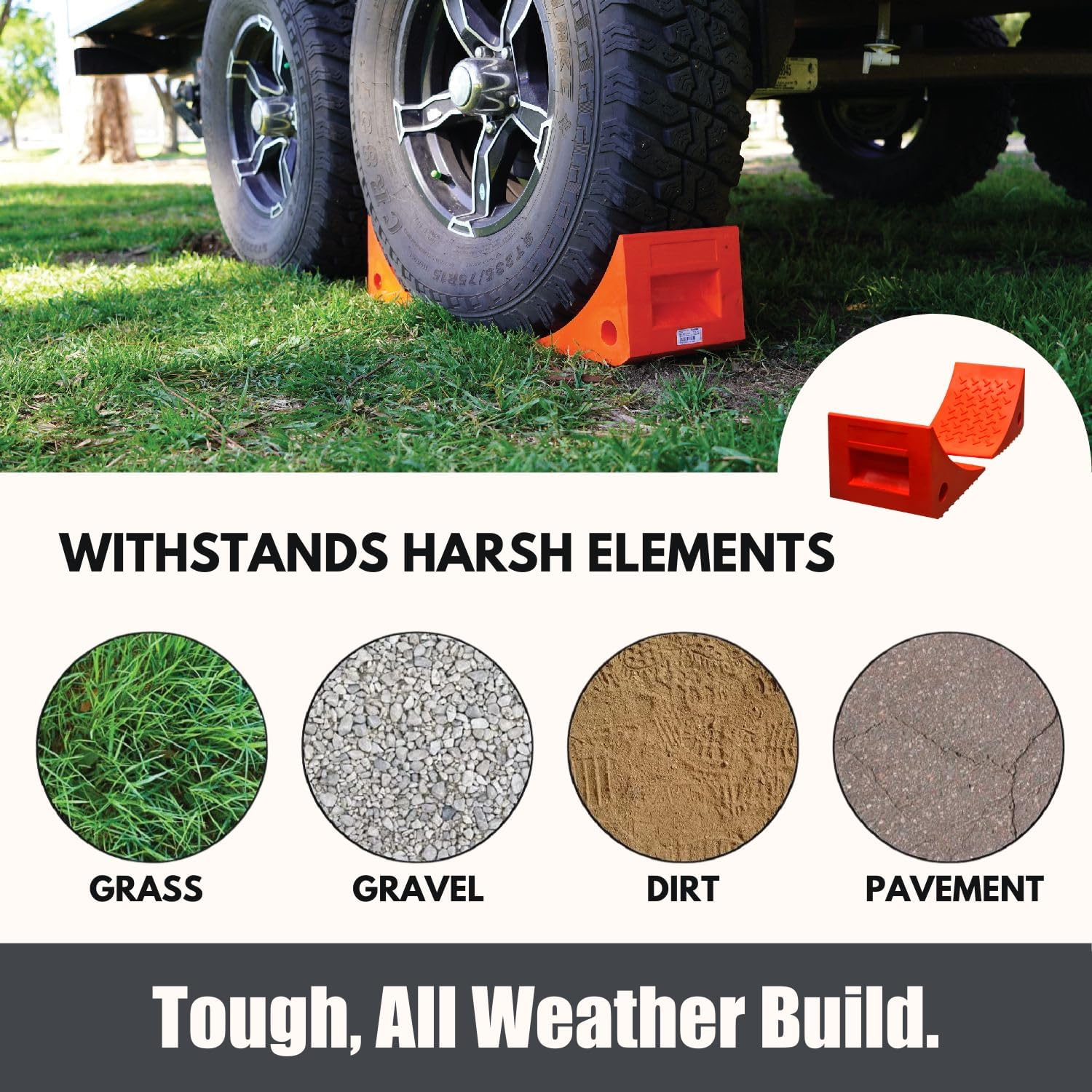 SECURITYMAN 2 Pack Wheel Chocks - Constructed of Heavy Duty Solid Rubber for 20,000 Lbs of RV, Trailer, Truck, Camper - Perfect on All Surfaces and in All Weather - Orange image number 5