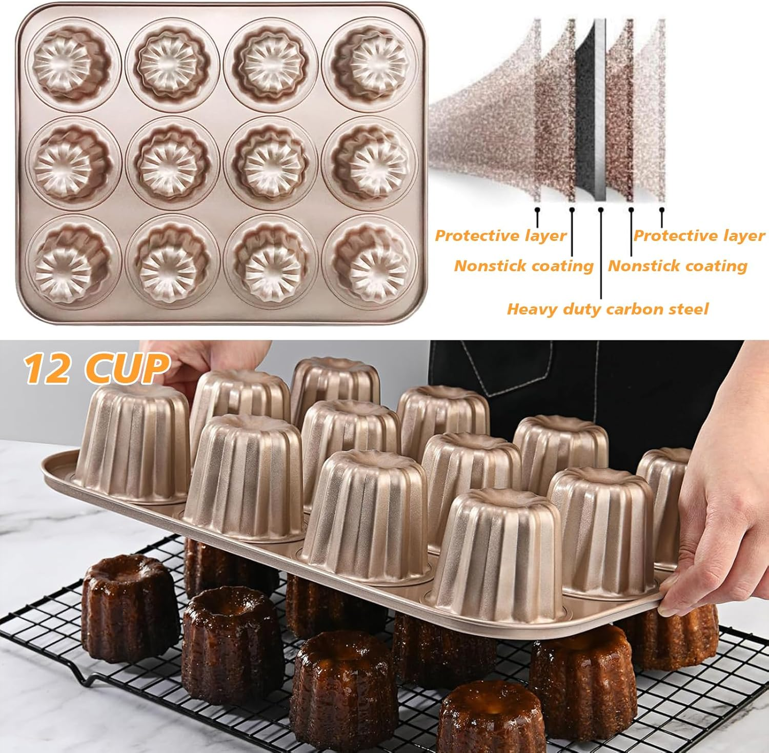 Canele Mold Cake Pan Non-Stick Carbon Steel Canel&eacute;s Baking Pan for Oven, Professional French Pastry Molds for Homemade, Muffin Cupcake, Heavy Duty Bakeware with Smooth Release (12-Cavity) image number 4
