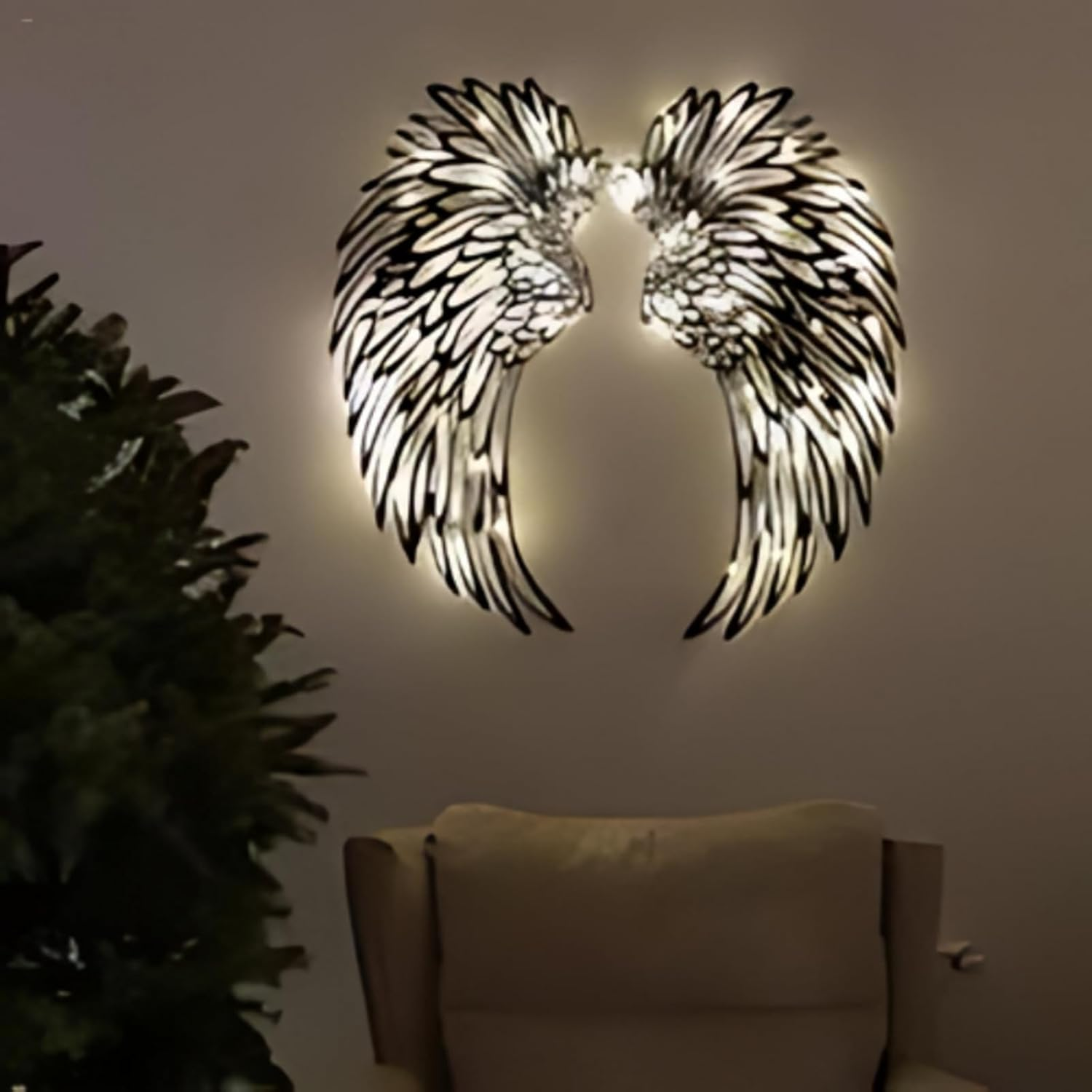 Angel Wings Wall Art, Metal Angel Wings Wall Decoration, Large Angel Wings Wall Art Decor with Led Lights, Angel Wings Present to Her Wall Sculpture Art Indoor Outdoor Wall Hanging Decorations