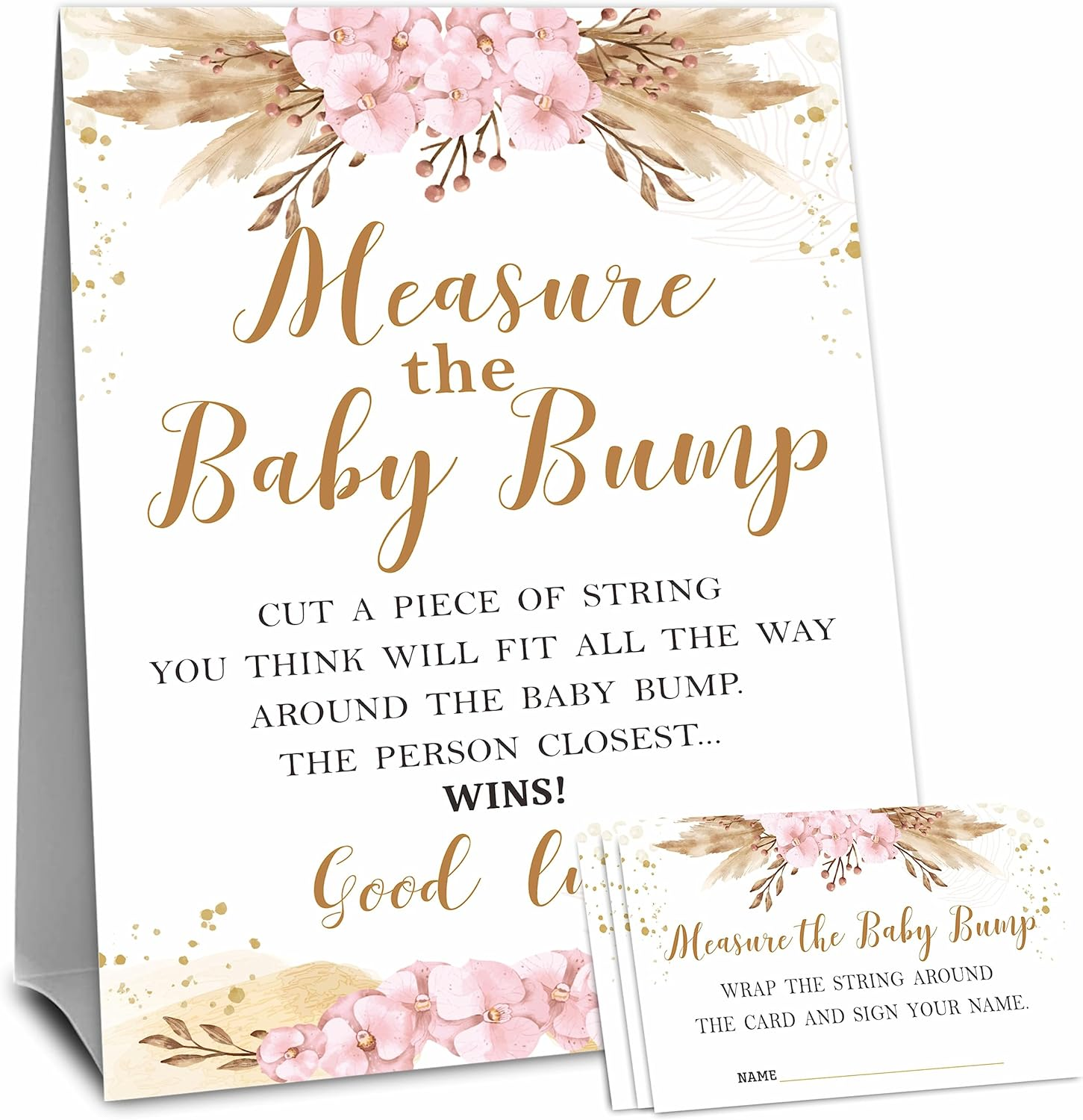 Pink Baby Shower Measure the Baby Bump, Measure Mommy'S Belly Game Set - 1 Self-Standing Sign and 50 Tickets - Gender Reveal, Baby Shower, Baby Announcement Activity & Party Favor Supplies - A09
