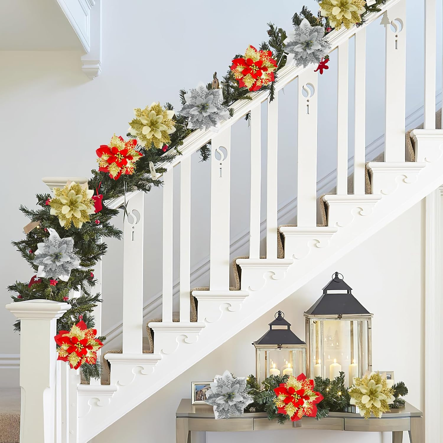 24PCS Glitter Poinsettia 5.1" Artificial Christmas Flowers with Clips Stems Fake Flowers for DIY Wreath Garland Xmas Tree New Year Wedding Party Ornament (Mix Color) image number 5