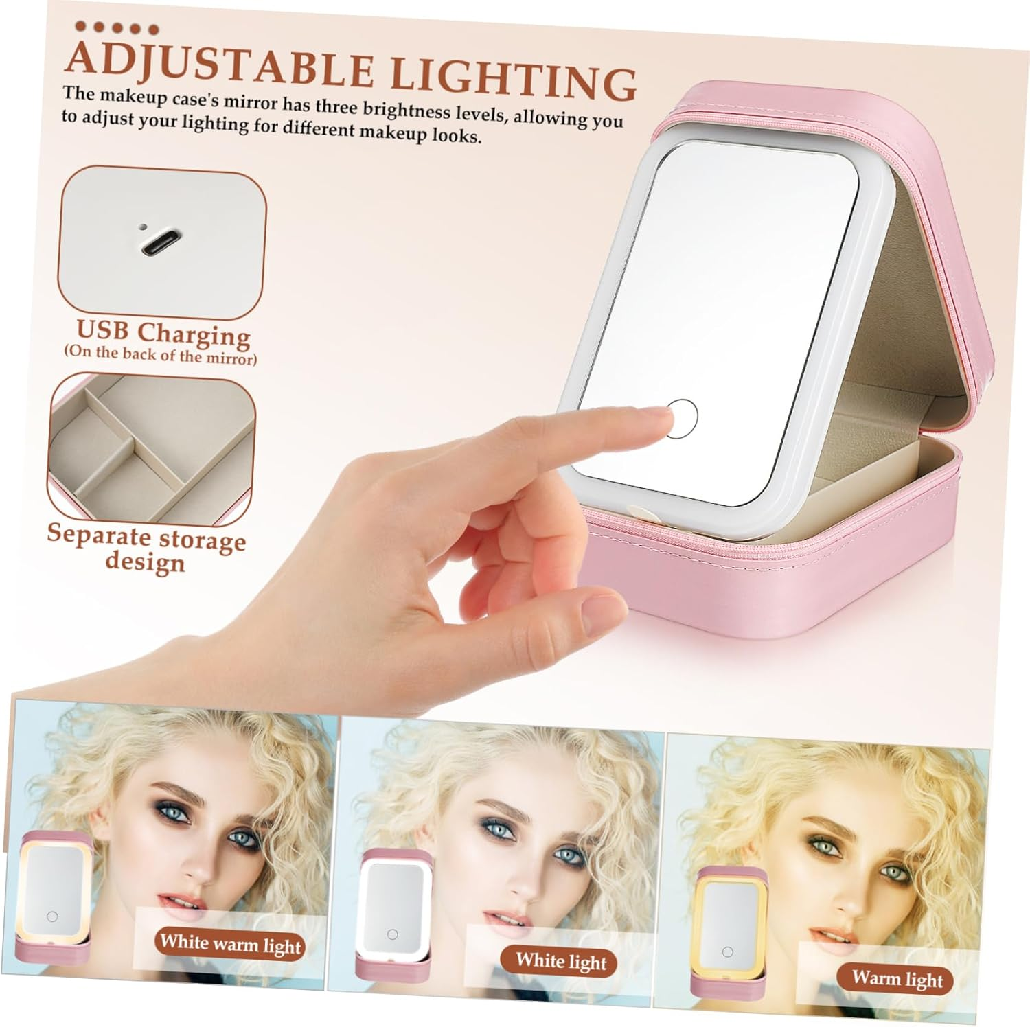 BATHVEVE Lighted Makeup Mirror Cosmetic Organizer Bag with Adjustable Brightness, Small Travel Vanity Case with Led Mirror for Women image number 4