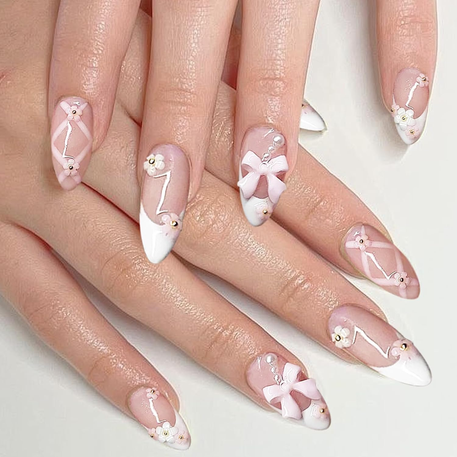 Yamobi Pack of 24 Artificial Nails, Glitter Press on Nails, Short, French Nails for Sticking, Y2K Press on Nails, Almond Shape Press on Nails French, DIY Manicure image number 3