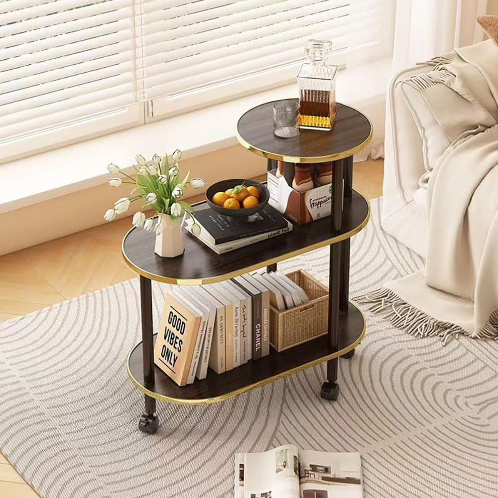 Hbluefat Modern End Table with Wheels, Rolling Sofa Side Table, 3-Tier Nightstand with Storage Shelves, Wood Bedside Table for Small Space, Living Room, Bedroom (Walnut Wood+Golden Edge)