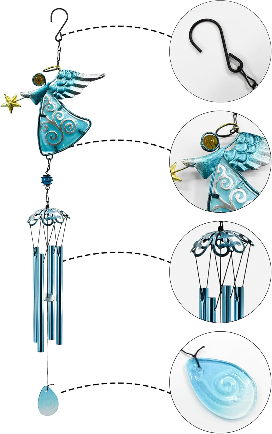 Mrmrkura Angel Wind Chimes for Outside, Metal Wind Chimes with Tubes for Home Garden Decoration Christmas Hanging Ornament Wind Bell Gifts for Mom (Blue) image number 6