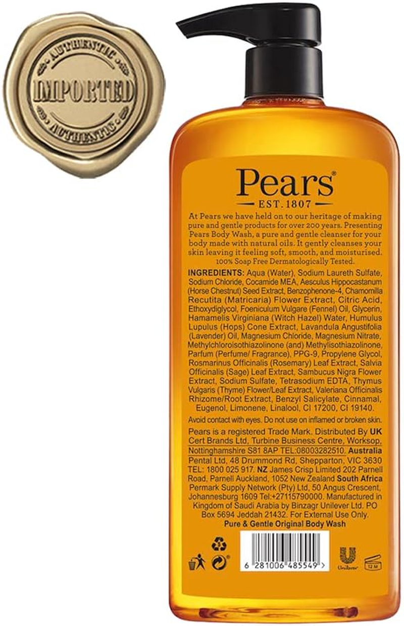 Pears Pure & Gentle Body Wash 750 Ml Original Made with Natural Oils and Soap-Free Nourishing Moisturiser and Natural Extracts image number 5