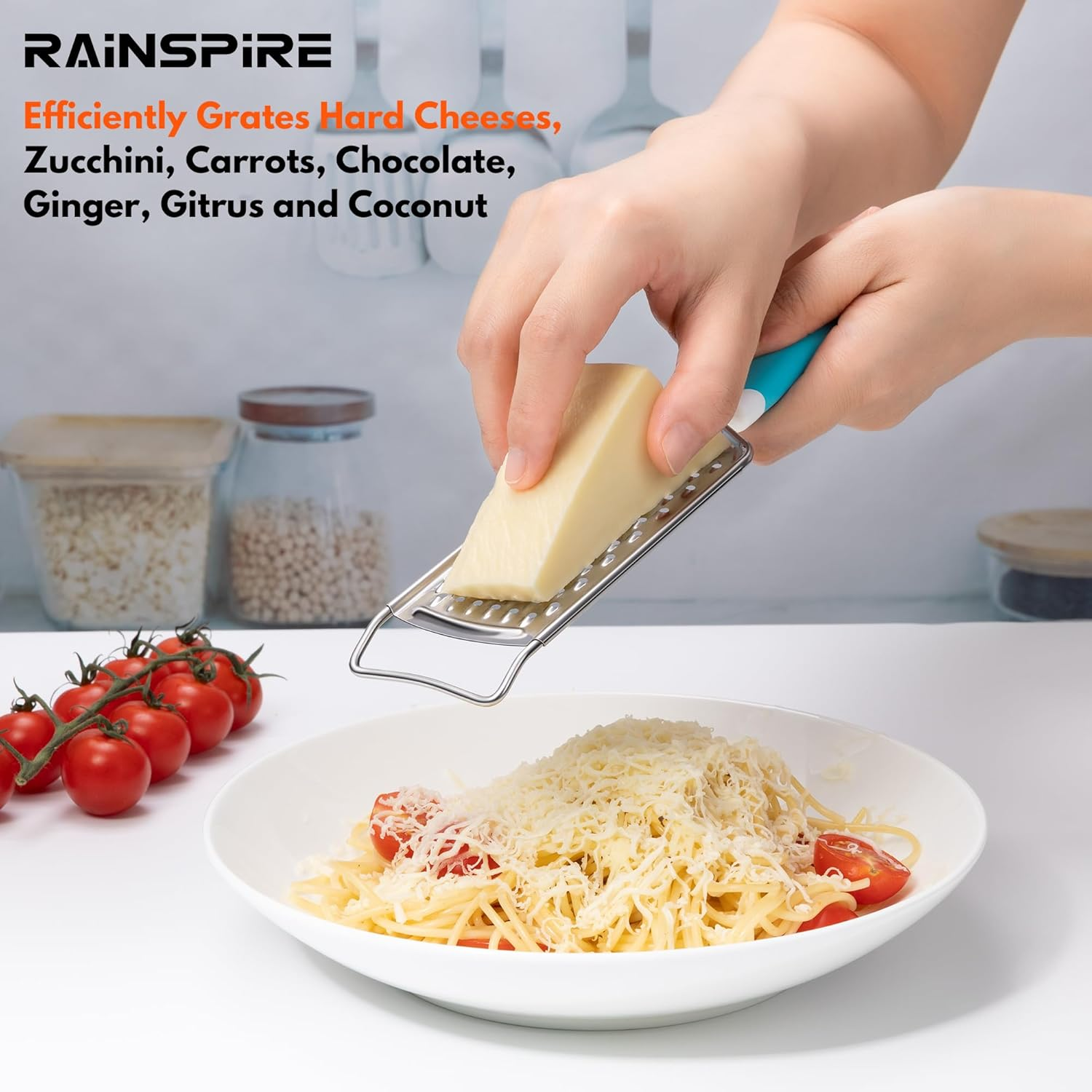 Rainspire Professional Cheese Graters for Kitchen Stainless Steel Handheld, Metal Lemon Zester Grater with Handle for Cheese, Chocolate, Spices, Kitchen Gadgets Tools, Soft Grip Handle (Blue) image number 6