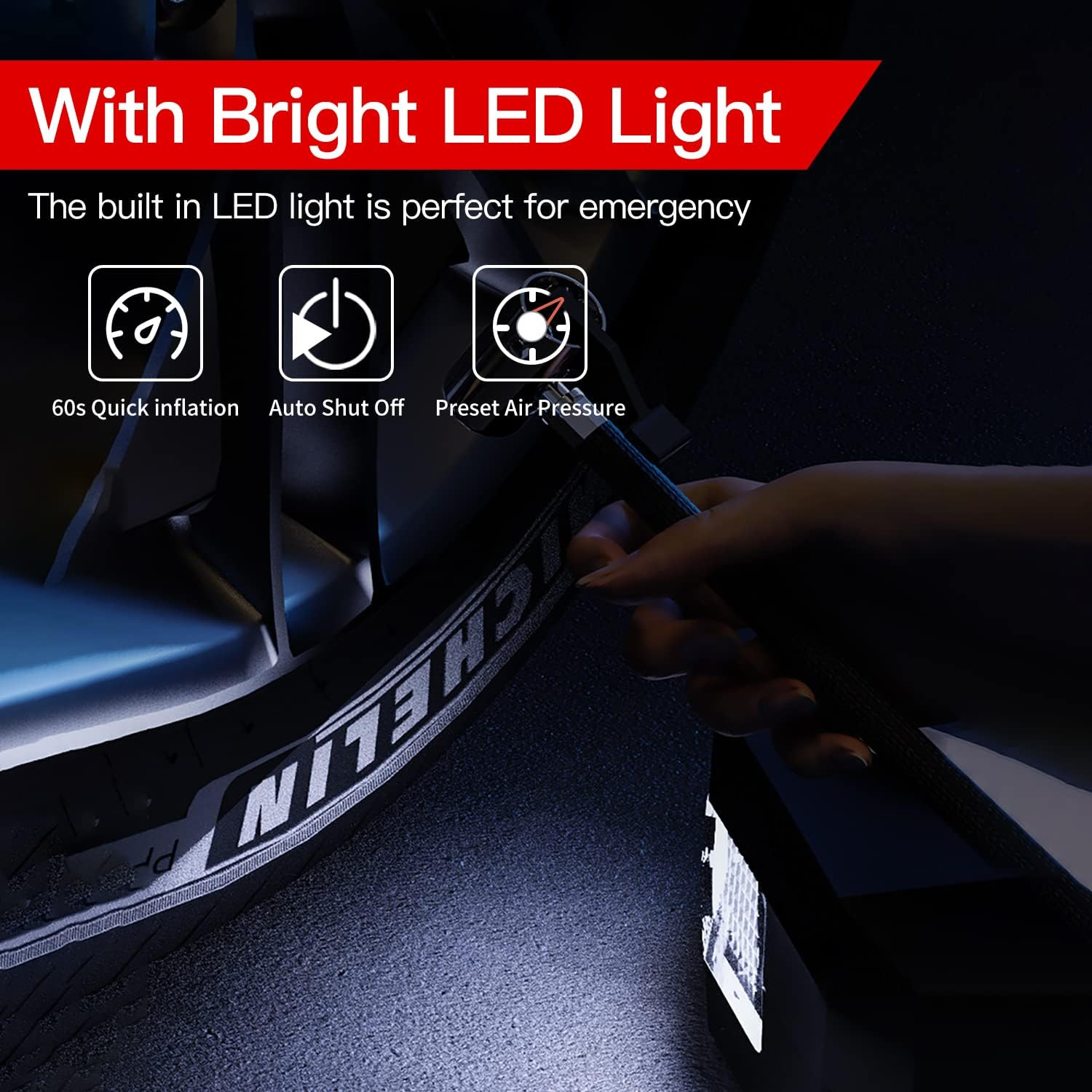 CUIFULI 12V Portable Car Tyre Inflator, Electric Air Pump, Digital Air Compressor, Automotive Tyre Inflator with LED Light, 4 Nozzles, Extra Fuse