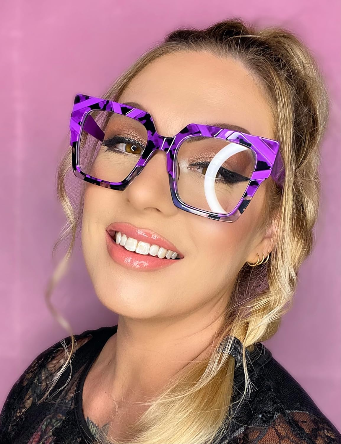 VOOGLAM Cat Eye Frame Blue Light Blocking Glasses, Black Fashion Glasses for Women anti Eyestrain & UV - Non-Prescription Clear Lens, Blue/Orange image number 7