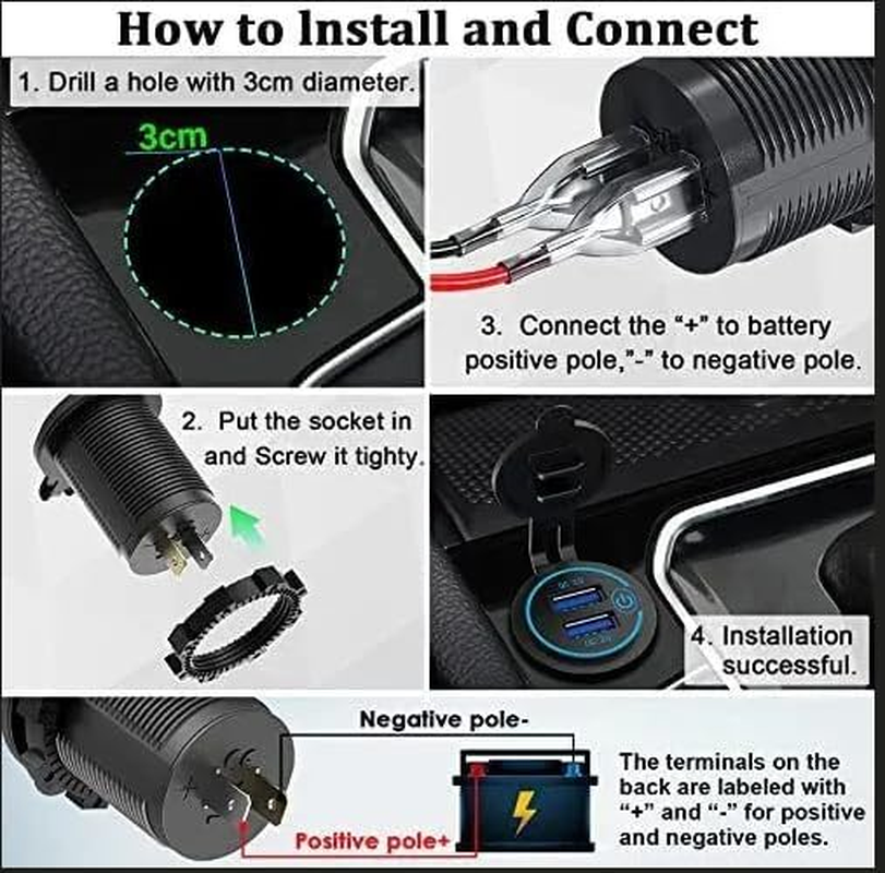 [2 Pack] Quick Charge 3.0 Waterproof Dual USB Charger Socket with Touch Switch, 12V/24V Fast Charging Outlet for Car, RV, Boat, Motorcycle, Truck image number 5
