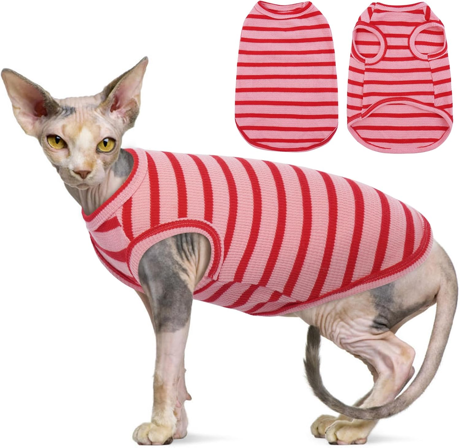 OUOBOB Sphynx Cat Clothes, Breathable Hairless Cat Shirts, Stripe Kitten T-Shirts Sleeveless, Pullover Cat Sweaters, Pet Summer Apparel for Sphynx, Cornish Rex, Devon Rex, Peterbald, Small Dogs