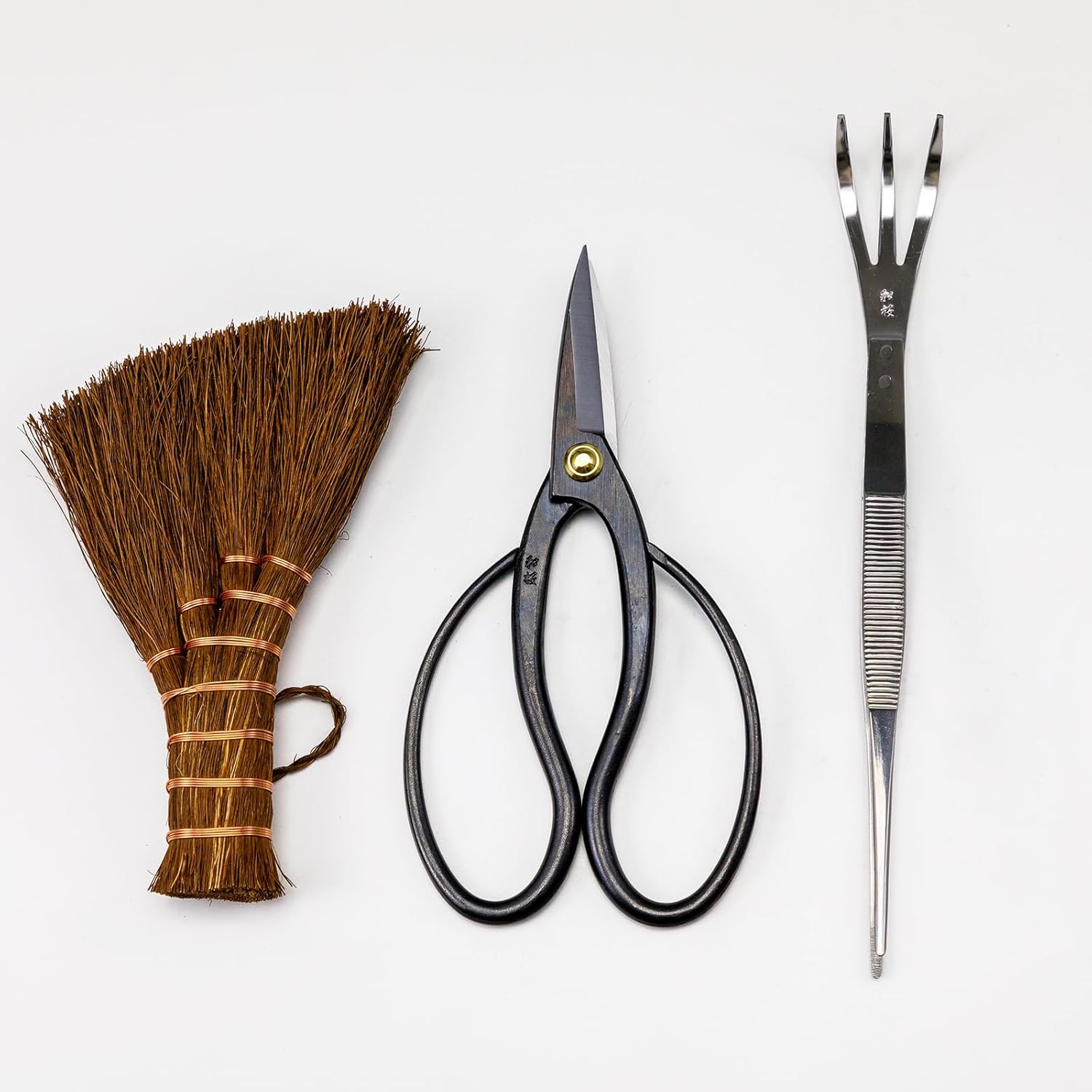 Wazakura 3PCS Japanese Bonsai Kit Garden Tool Starter Set Made in Japan, Scissors + Stainless Tweezers with Rake + Chinese Broom, Japanese Gardening Beginner Kit - Traditional Model