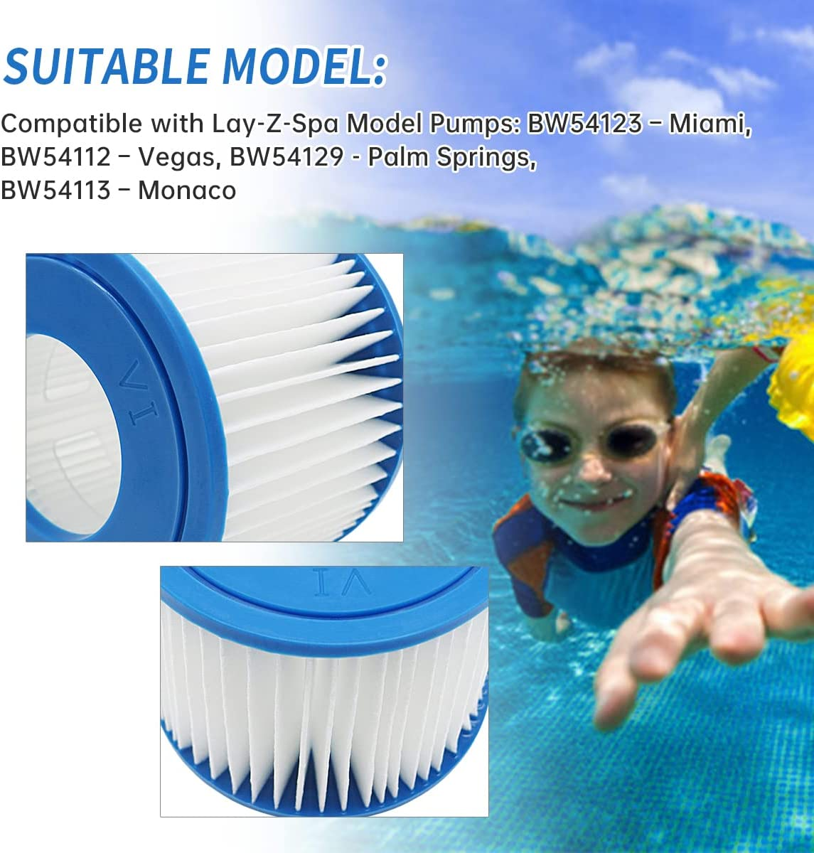 6Pcs Replacement Swimming Pool Filter for Bestway, Size VI Filter Cartridge Compatible with Lay-Z-Spa, Miami, Vegas, Palm Springs, Paris Monaco image number 4