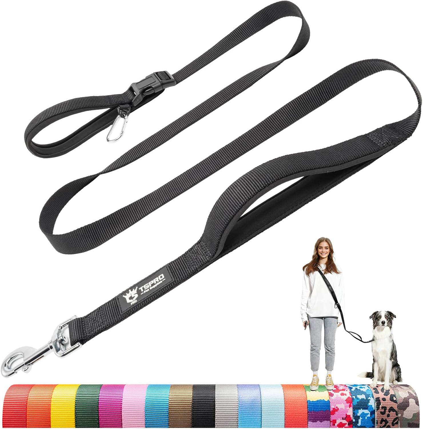 TSPRO Hands Free Dog Leash for Medium to Large Dogs, Adjustable Durable Leash with Comfortable Safety Padded Handle, Heavy Duty Metal Clasp for Walking, Running, Training (Tactical Green)