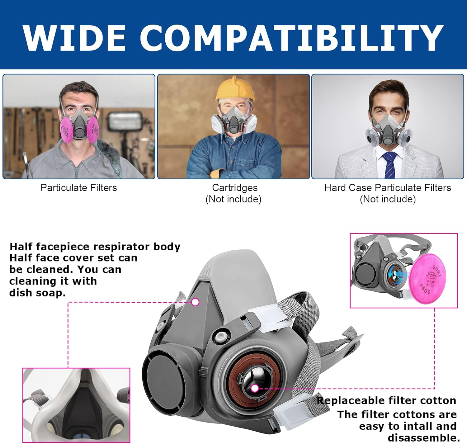 Reusable Half Facepiece Respirator, ASNABYYA Respirаtor against Dust and Organic Vapors, Face Cover Set Used for Painting, Woodworking, Polishing, Spraying, Decorating image number 2