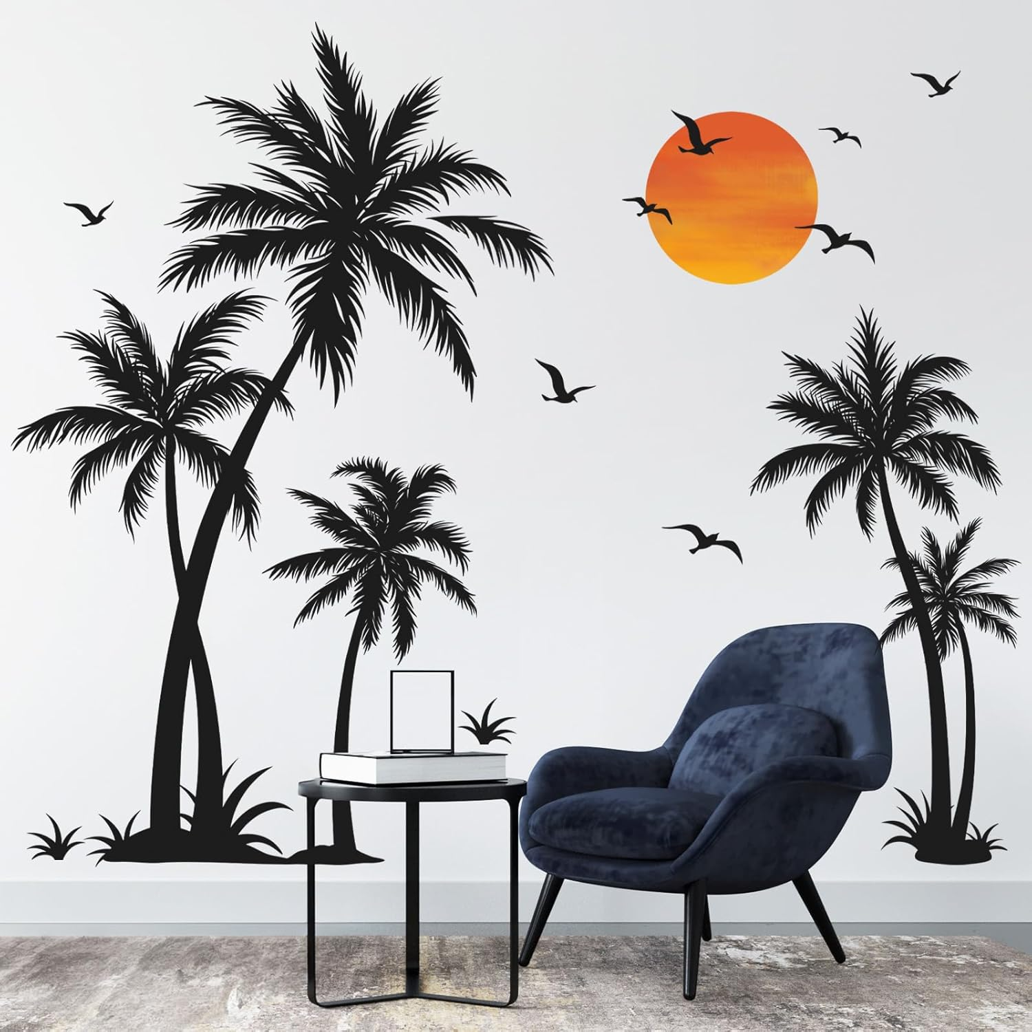 Wondever Large Black Palm Tree Wall Stickers Tropical Tree Plants Birds Peel and Stick Wall Art Decals for Living Room Bedroom TV Background (H: 53 Inch) image number 2