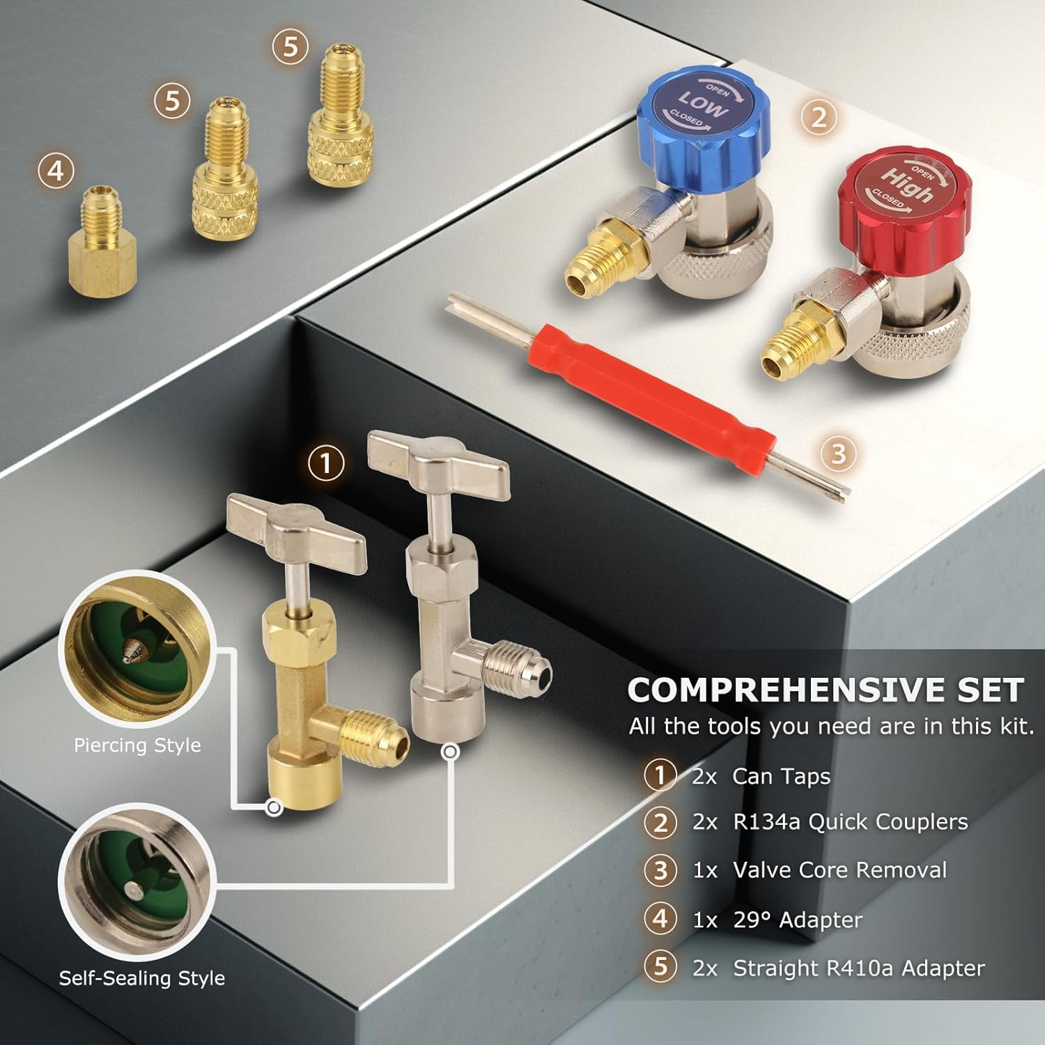 2020 UPGRATE Version 4 Way A/C Manifold Gauge Set Fits R134A R410A R404A R22 Refrigerants with 5FT Hose, 3 Acme Tank Adapters, Adjustable Couplers and Can Tap image number 6