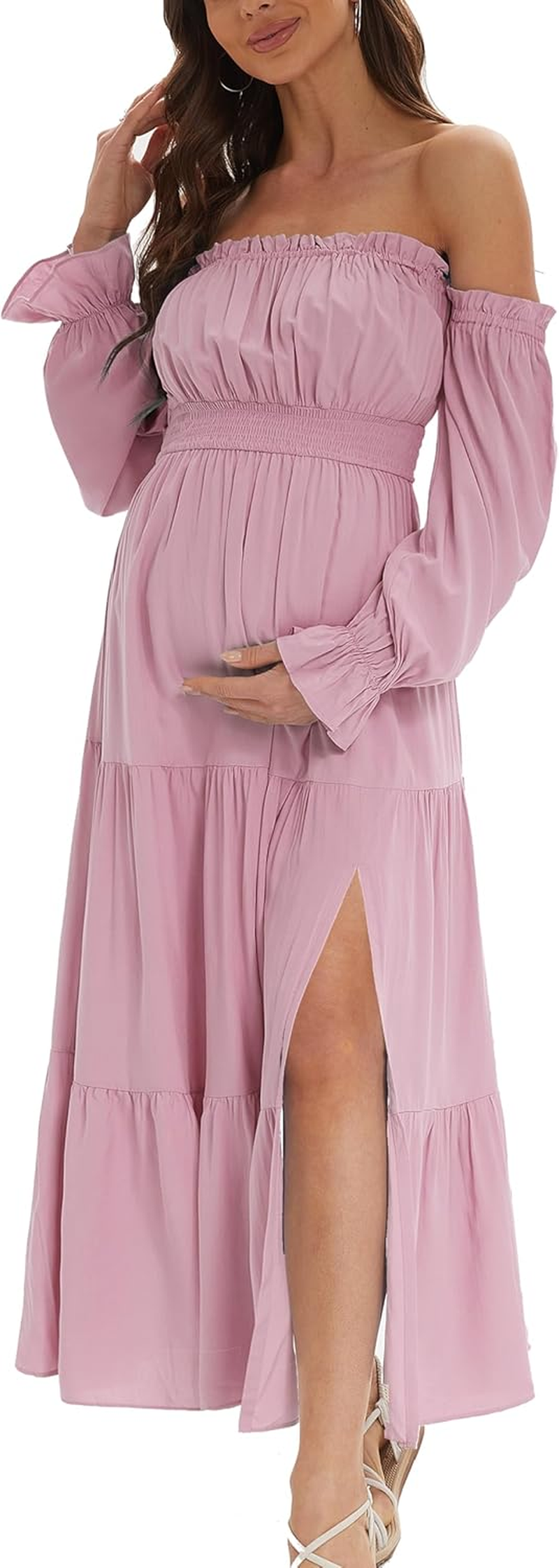 Women'S Boho off Shoulder Maternity Dresses, Long Sleeve Side Split Flowy a Line Tiered Maxi Dress for Baby Shower Photoshoot image number 7