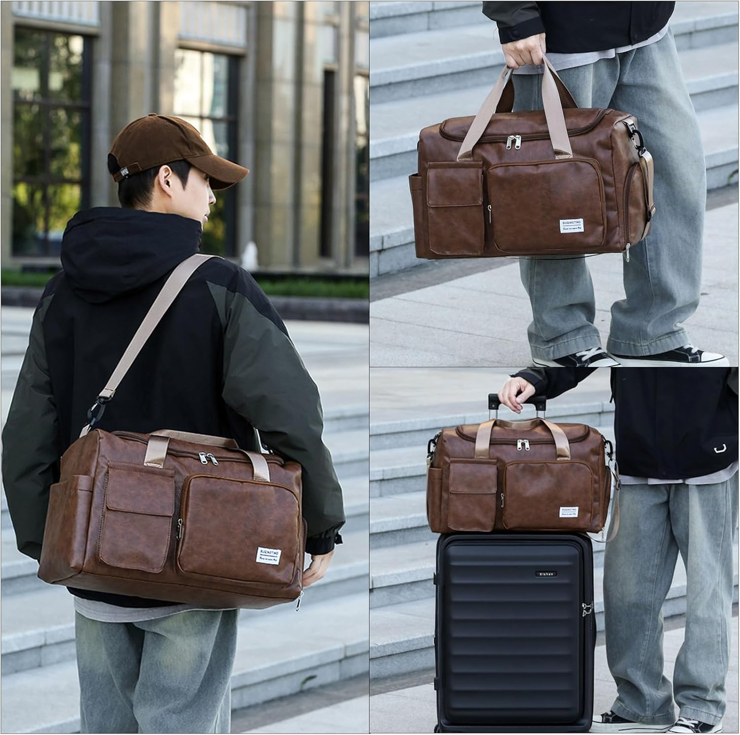 Small Leather Travel Bag with Shoe Pouch, Carry on Weekender Overnight Bag Waterproof Travel Duffel Bags Gym Bags for Men or Women, Brown image number 5