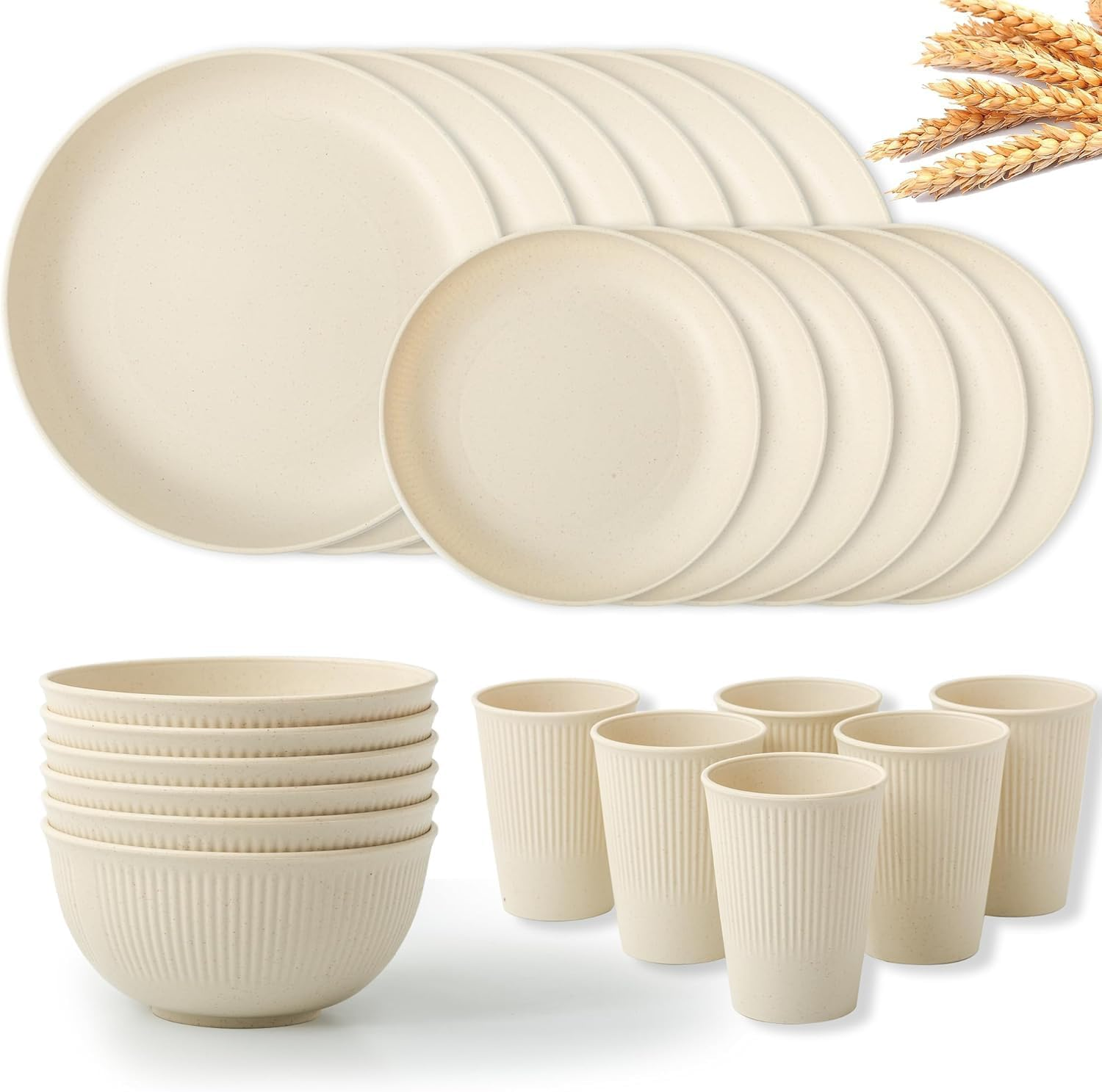 24Pcs Reusable Wheat Straw Cups Plates and Bowls Set, Dinnerware Sets for 6, Microwave and Dishwasher Safe Kitchen Dish Set for RV Camping Picnic Dorm, Beige