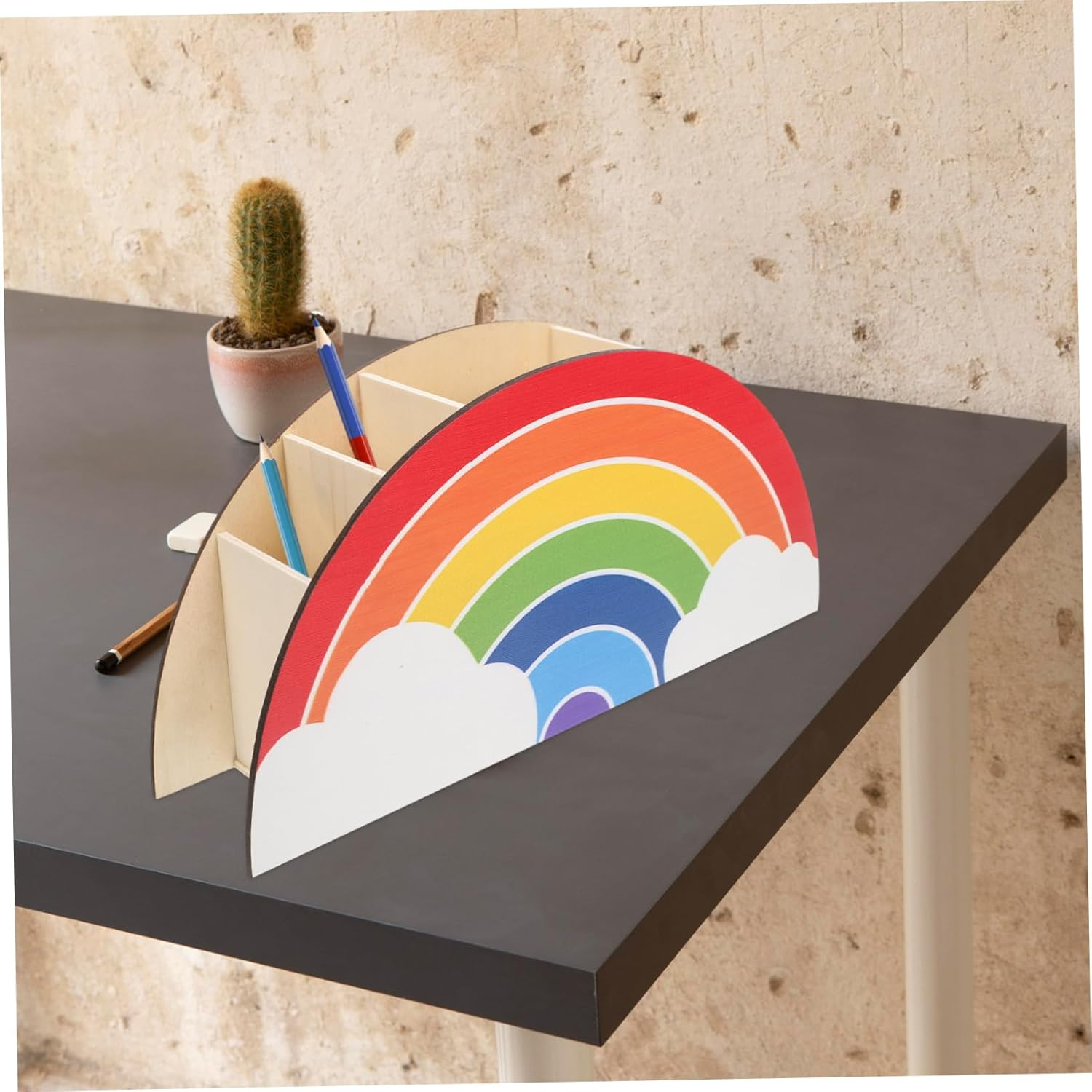 KICHOUSE Rainbow Wooden Pencil Holder for Kids Desk, School Supply Organizer and Cosmetic Cup Holder, Wood Cylinder Pen Storage Box for Classroom and Home Office Accessories