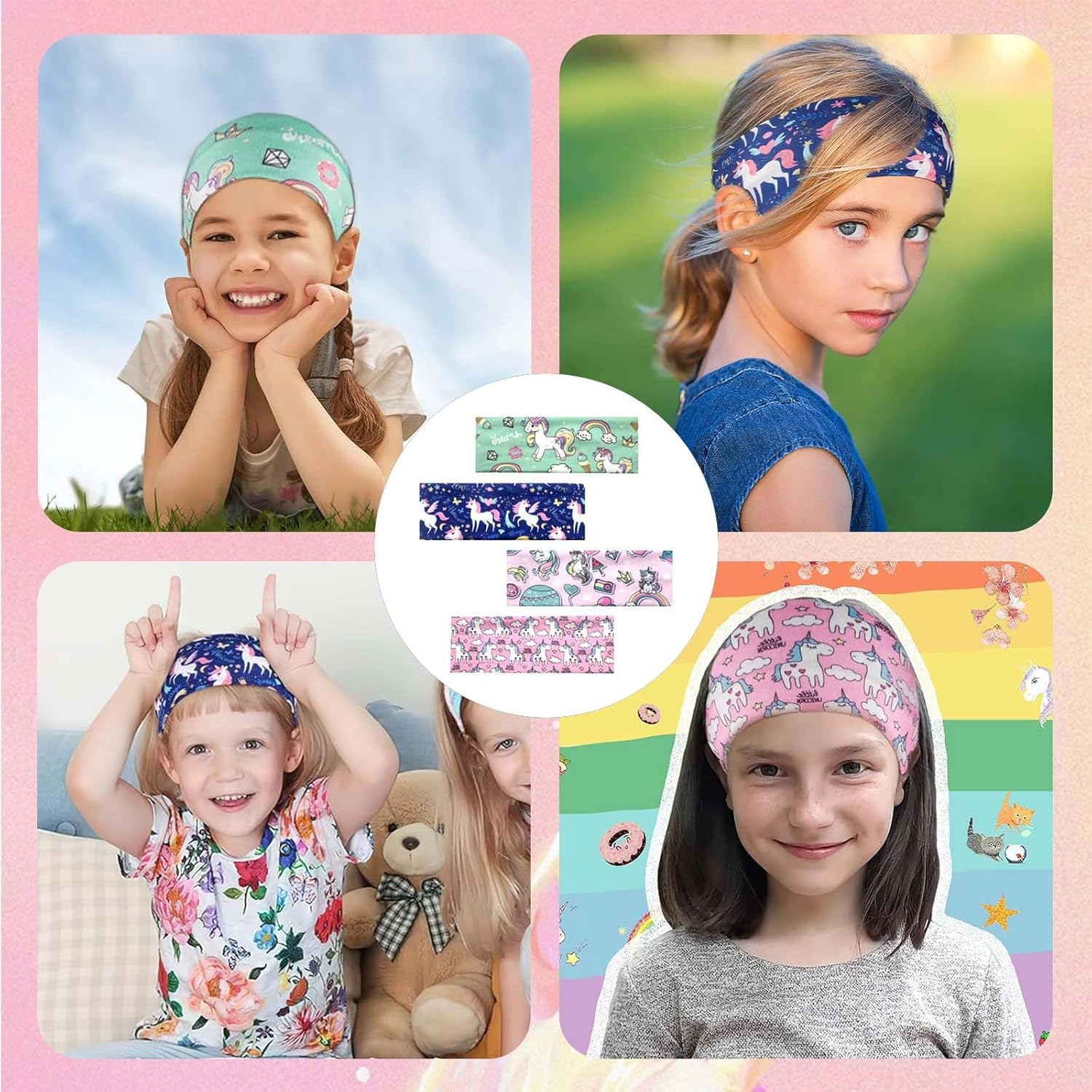 Soundzero Pack of 4 Children'S Elastic Hair Bands, Girls' Unicorn Headband, Hair Bands, Women'S Soft, Multicoloured Girls Headbands, Hair Band Girls, for Children 6-15 Years, Sports, Leisure (Unicorn) image number 4