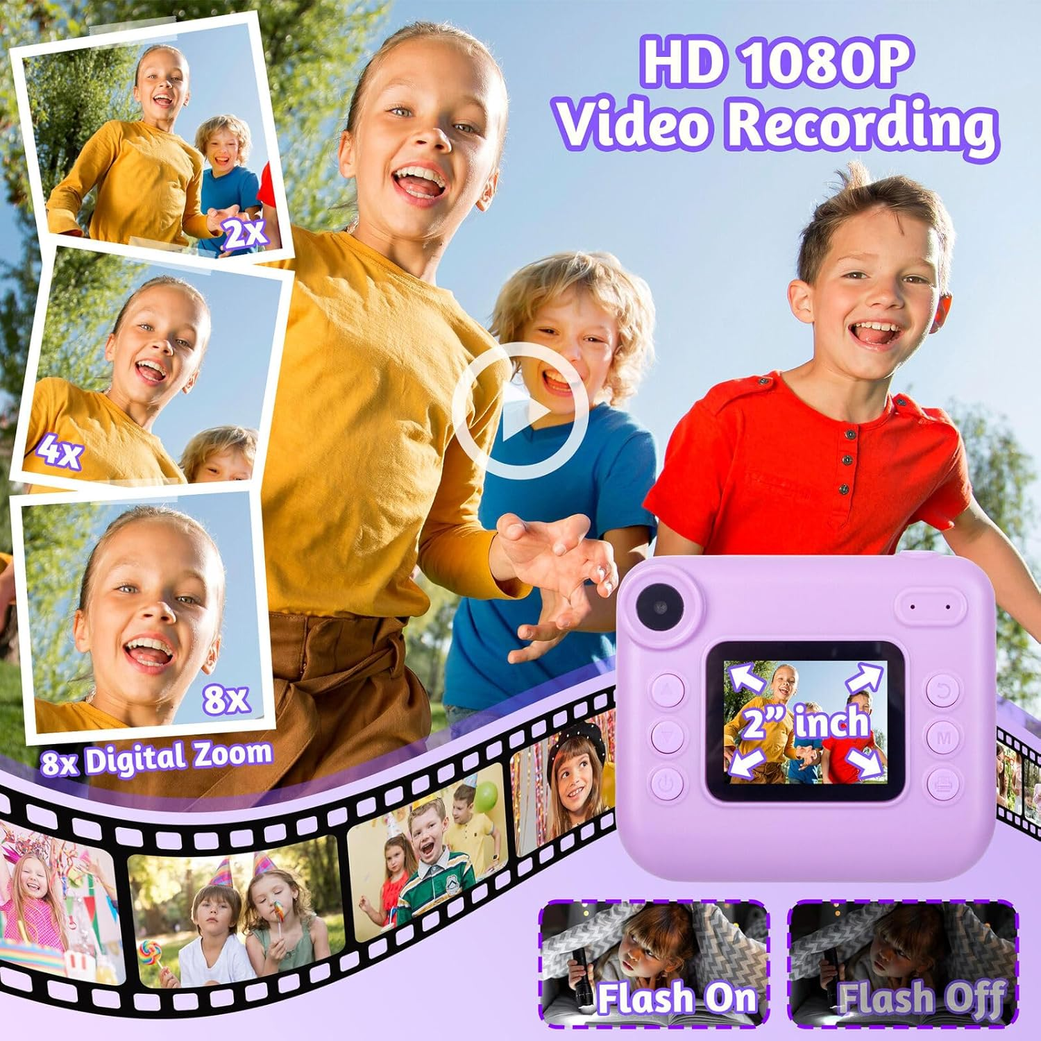 Lenoxx Kids 48MP Instant Print Camera with Dual Front & Rear Lenses, 1080P HD Video Recording, Instant Photo Printing with Paper, 2.0" HD Screen, Flash LED, Fun Effects &ndash; Purple image number 5