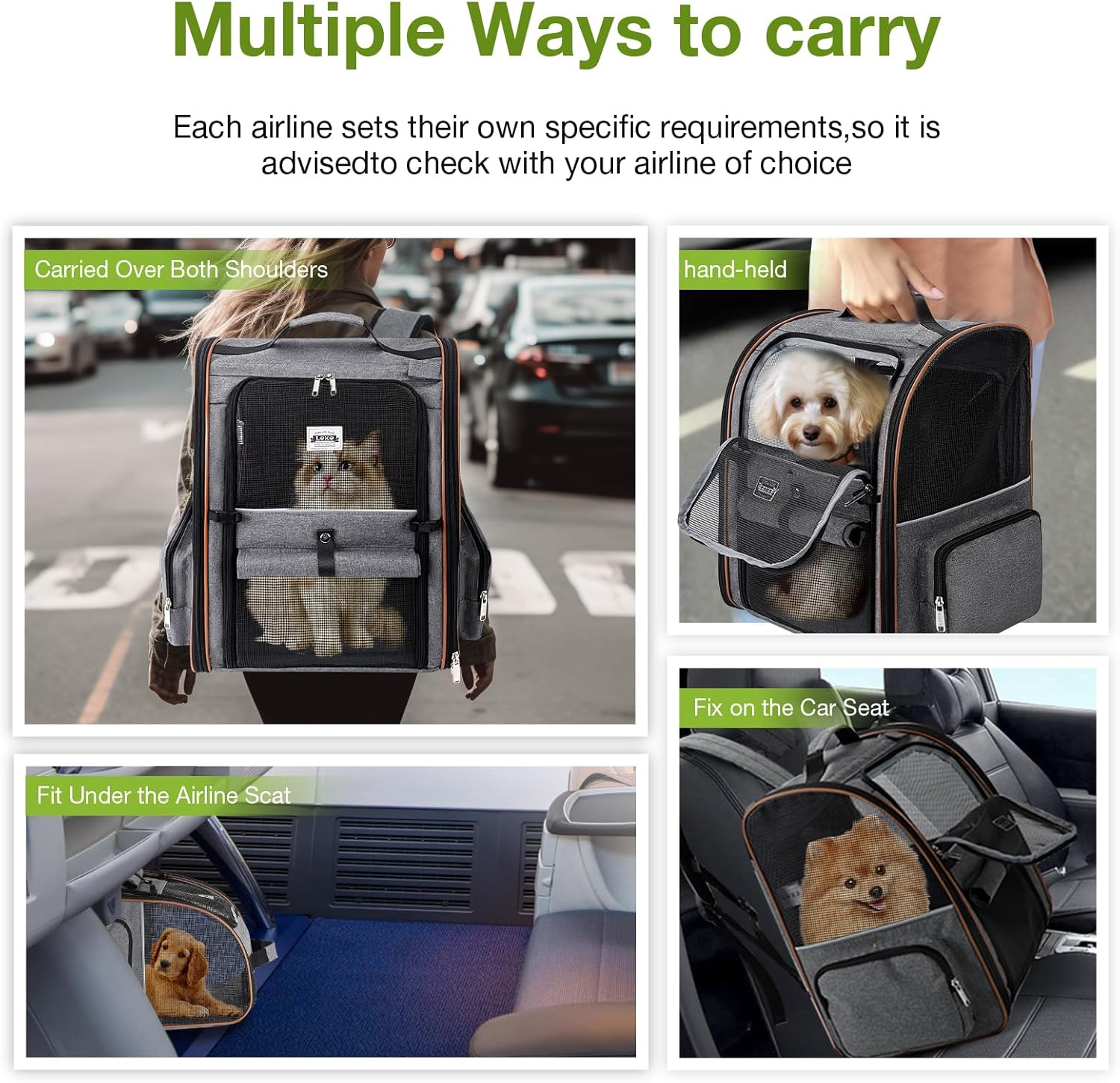 Lekebobor Large Cat Backpack Carrier Expandable Pet Carrier Backpack for Small Dogs Medium Cats Fit up to 18 Lbs, Dog Backpack Carrier, Foldable Puppy Backpack Carrier for Travel, Hiking,Grey