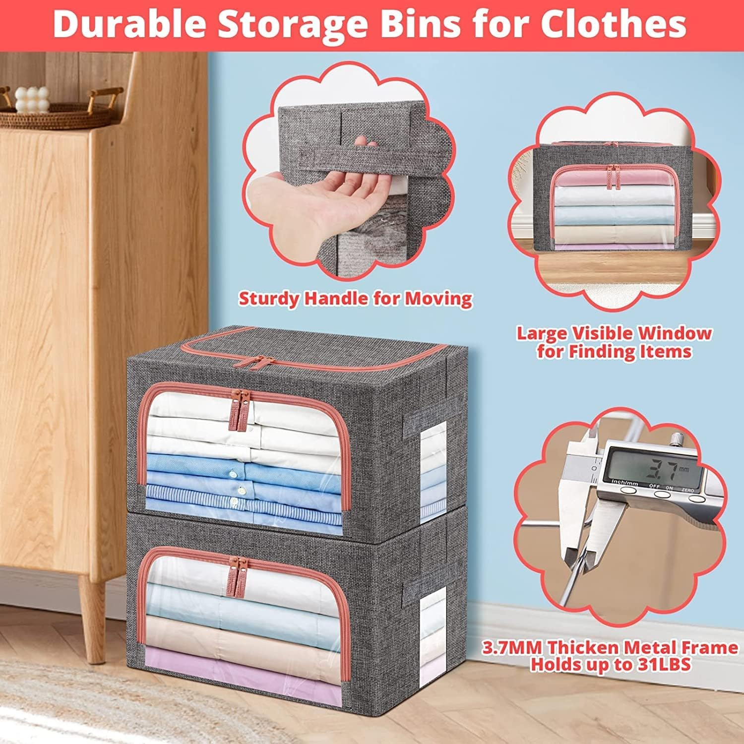 Clothes Storage Bins Box - 2 Pack 22L Cotton and Linen Foldable Stackable Container Organizer Set with Clear Window & Carry Handles & Metal Frame - Large Capacity for Bedding, Blankets, Toys, Books image number 1