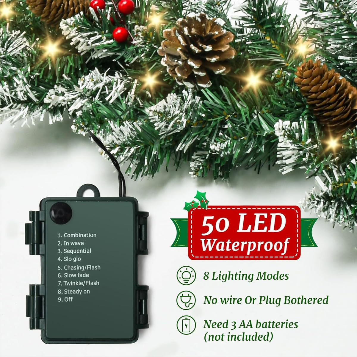 9 FT Christmas Garland with Lights,Battery Operated Lighted Garland with Pine Cones Red Berries Lush Branches,50 LED Lights 8 Modes,Christmas Decor Mantle Fireplace Indoor Outdoor Home (1, 9.02 FT) image number 2