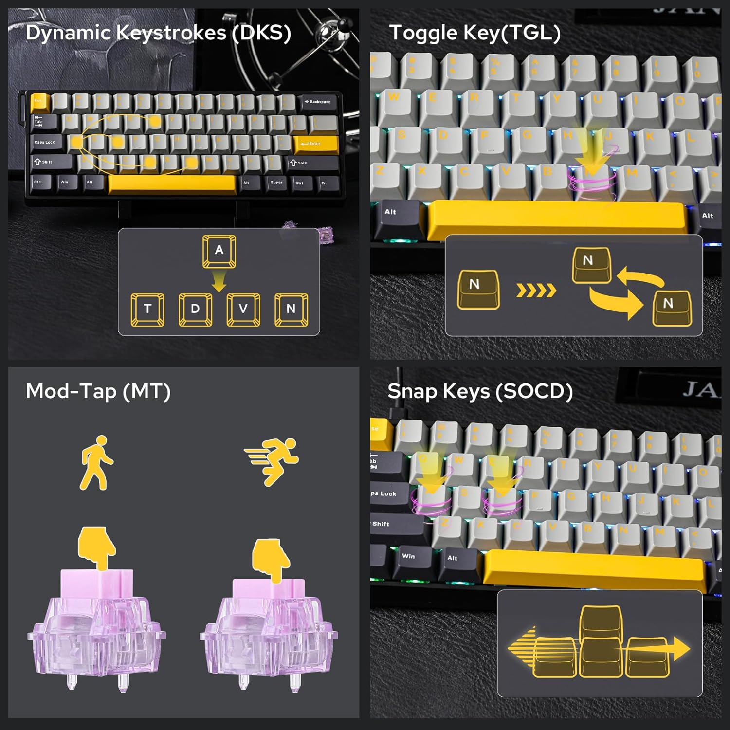 EPOMAKER Aula WIN60 HE 60% Wired Magnetic Keyboard with Adjustable Actuation, 8000 Hz Polling Rate, Hall Effect Switches, Hot-Swap, for FPS Games (Grey&Yellow) image number 5