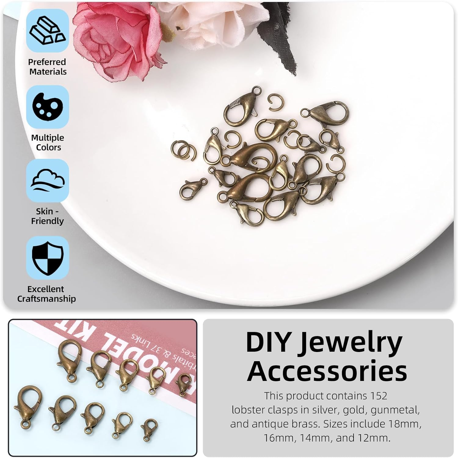 Glarks 170Pcs Bronze Lobster Claw Clasp with Open Jump Rings Kit 10Mm 12Mm 14Mm 16Mm 18Mm Necklace Clasps for Bracelet Necklace Jewelry Making - Gunblack image number 2