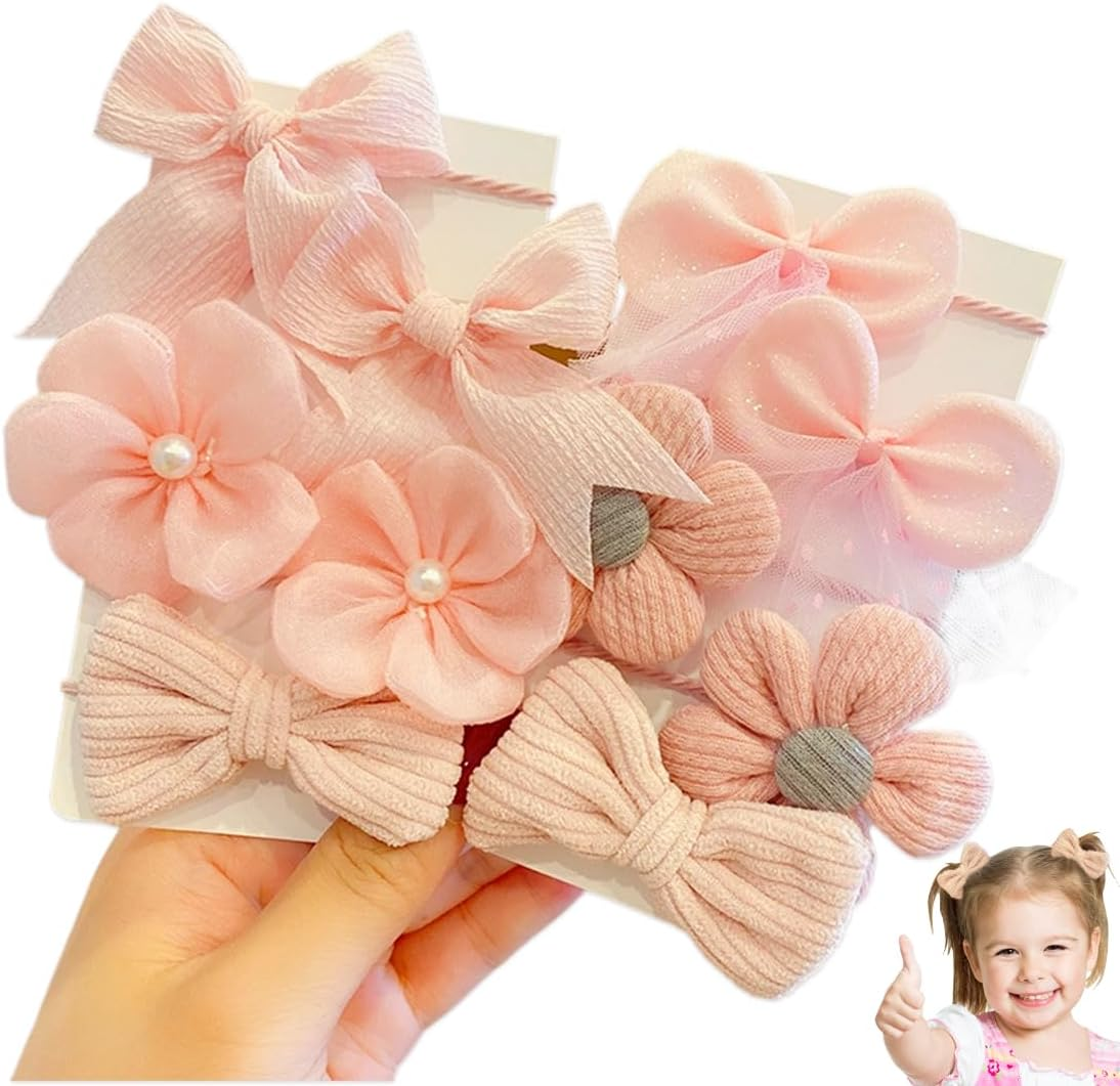 ZORVYN Pack of 10 Cute Hair Bobbles with Bow, Elastic Hair Bands, Cute Flower Hair Scrunchies for Baby Girls, Girls, Toddler Accessories (Pink)