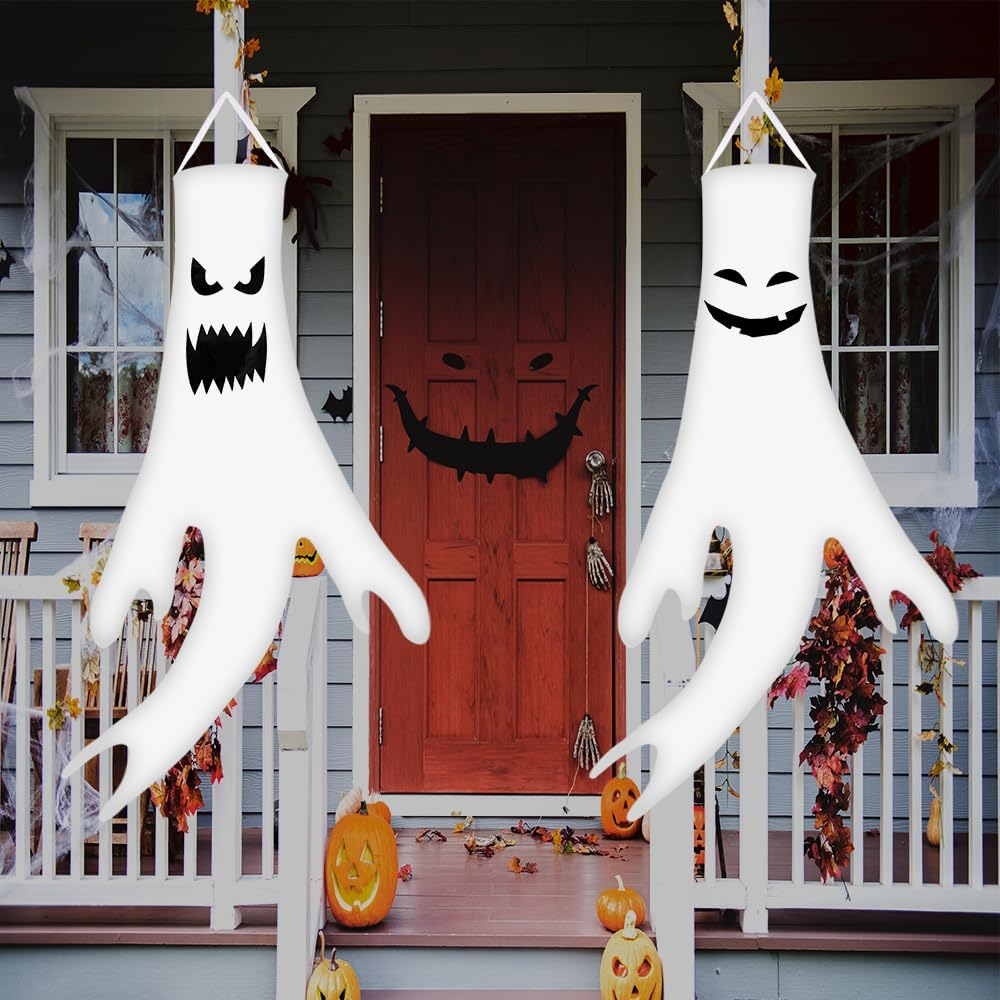AUTOWT 2 PCS Halloween Ghost Windsocks with LED Lights, 51 Inch Light up Scary Hanging Ghost Windsocks Decor, Halloween Decorations for Home Indoor Outdoor Yard Party Supplies image number 5