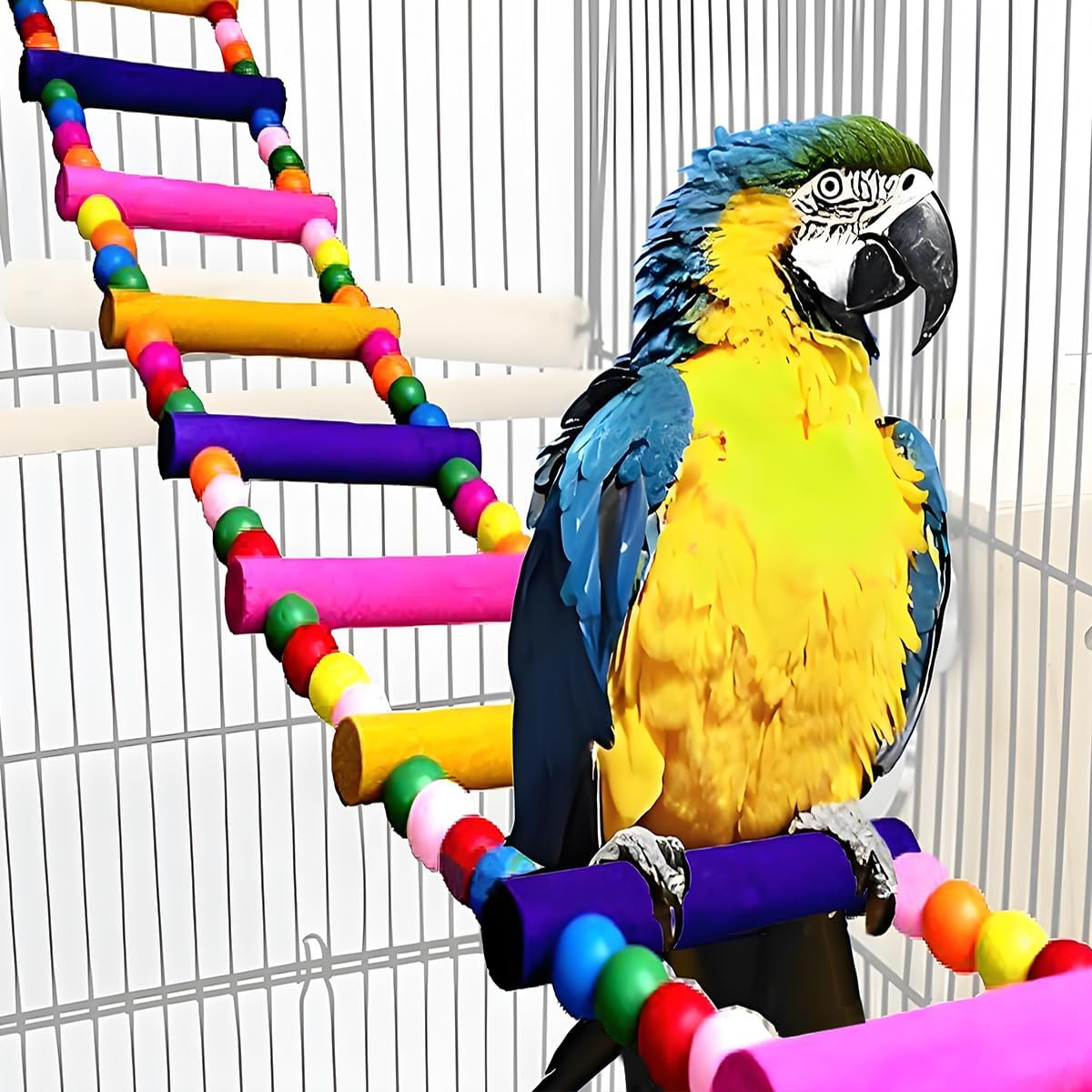Bird Toys for Parrots Parrot Bridge, Swing Toys, and Ladders for Macaws, African Greys, Budgies, Cockatiels & Parakeets - Wooden Bird Ladder and Swing Toys for Play and Training (45Inch - 18 Ladders)