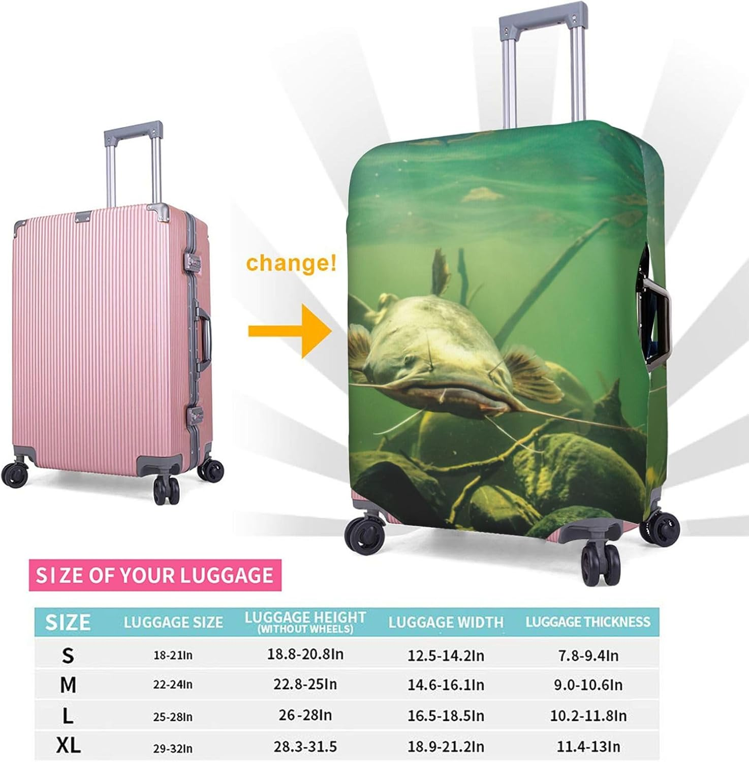 Odddot Underwater Catfish Print Travel Luggage Cover,Suitcase Protector Cover, Washable Baggage Covers,For 18-32 Inch Luggage, Underwater Catfish, Large image number 3