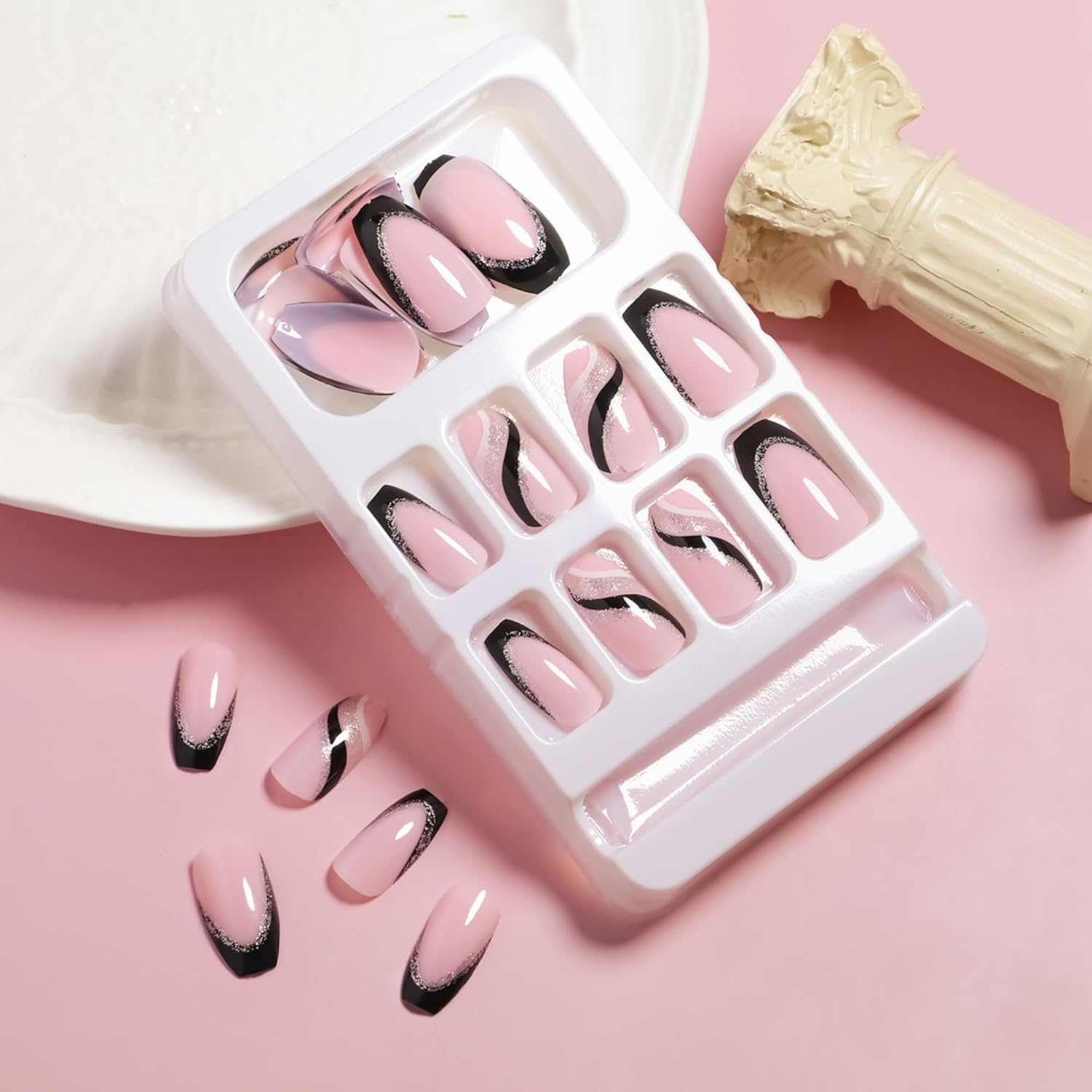 Press on Nails 24Pcs Reusable Acrylic French Full Cover False Nails W Nail Glue Women Girls Daily Decoration Nail Extension Easy DIY Black White Waves